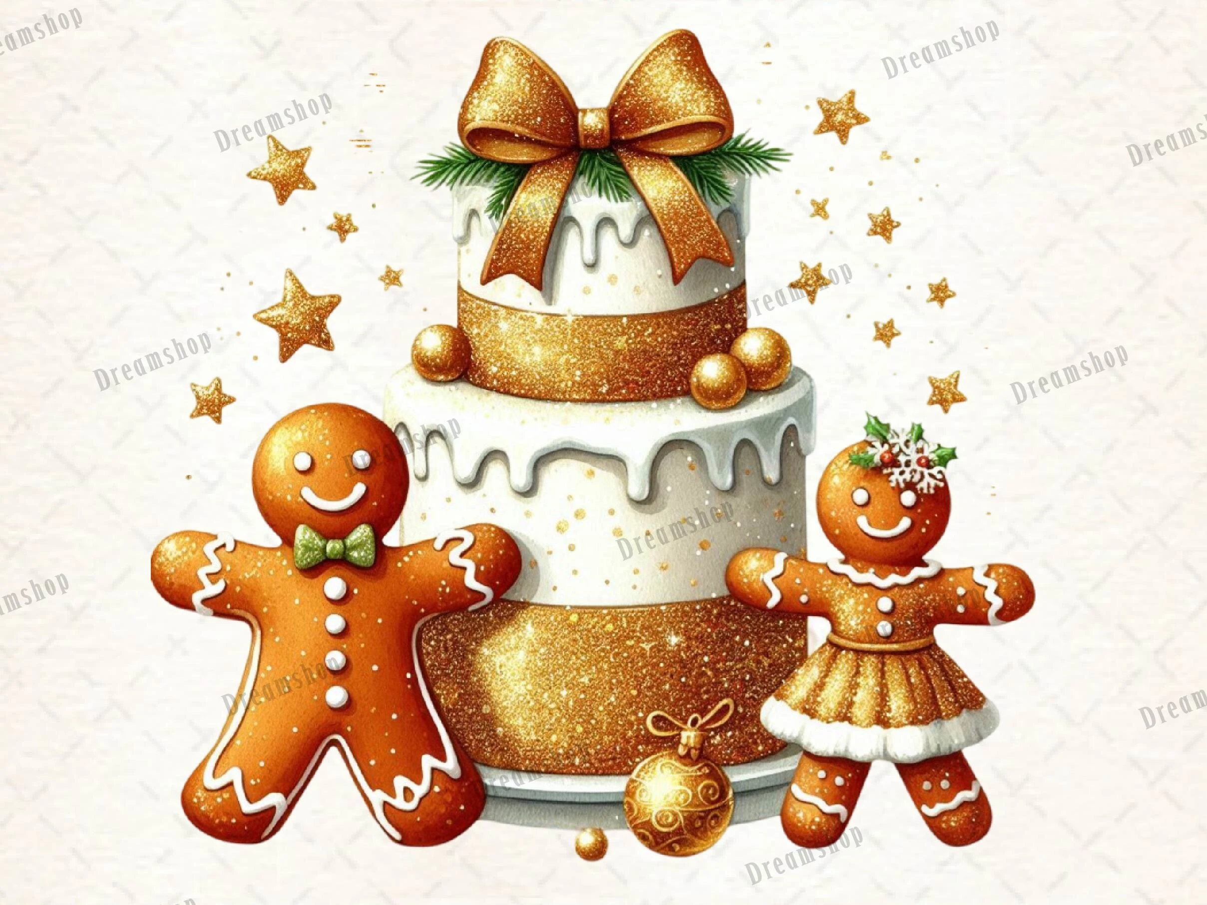 Cute Christmas Cake and Gingerbread PNG preview showing Christmas motifs with friendly character styling