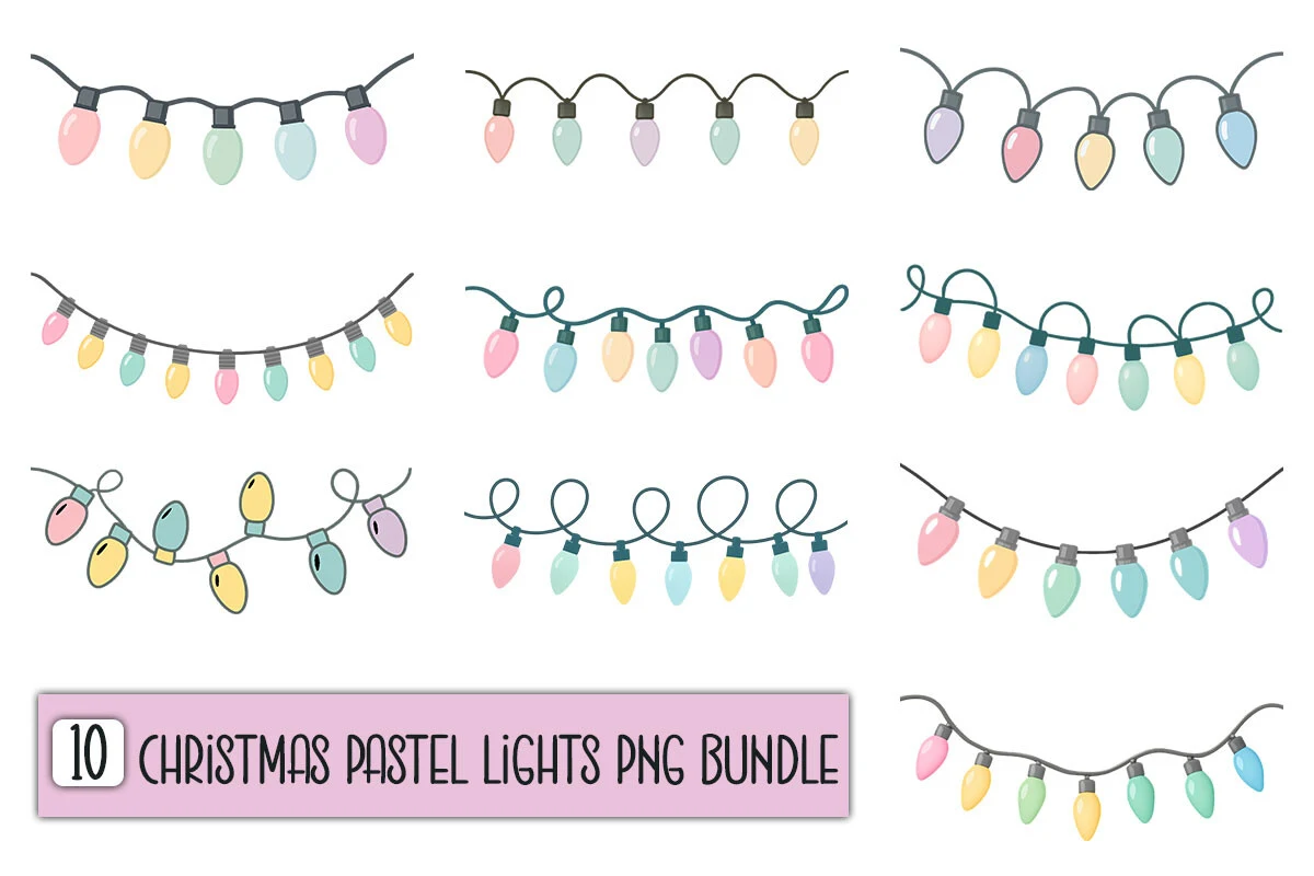 Cute Christmas Pastel Lights PNG Bundle preview showing Christmas motifs with friendly character styling