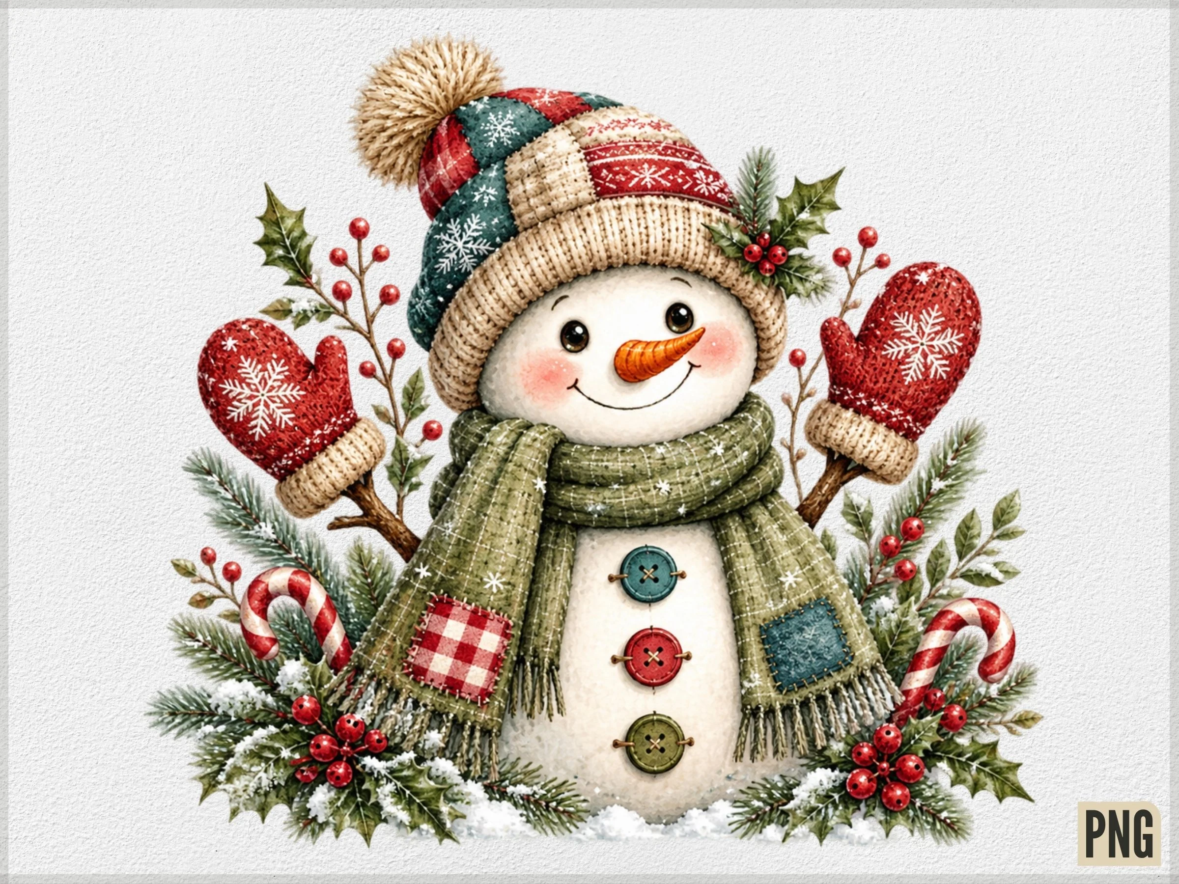 Cute Christmas Snowman PNG, Cozy Plaid W preview showing Christmas motifs with soft watercolor texture
