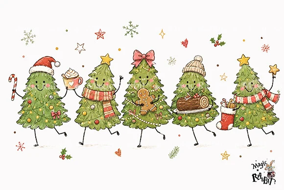 Cute Christmas Tree PNG preview showing Christmas motifs with friendly character styling
