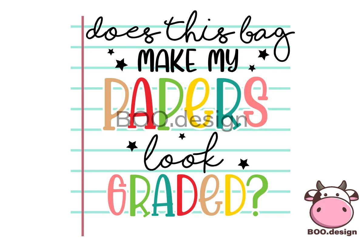 Does Make My Papers Svg,Teacher Tote Bag featuring lined paper background and cow mascot