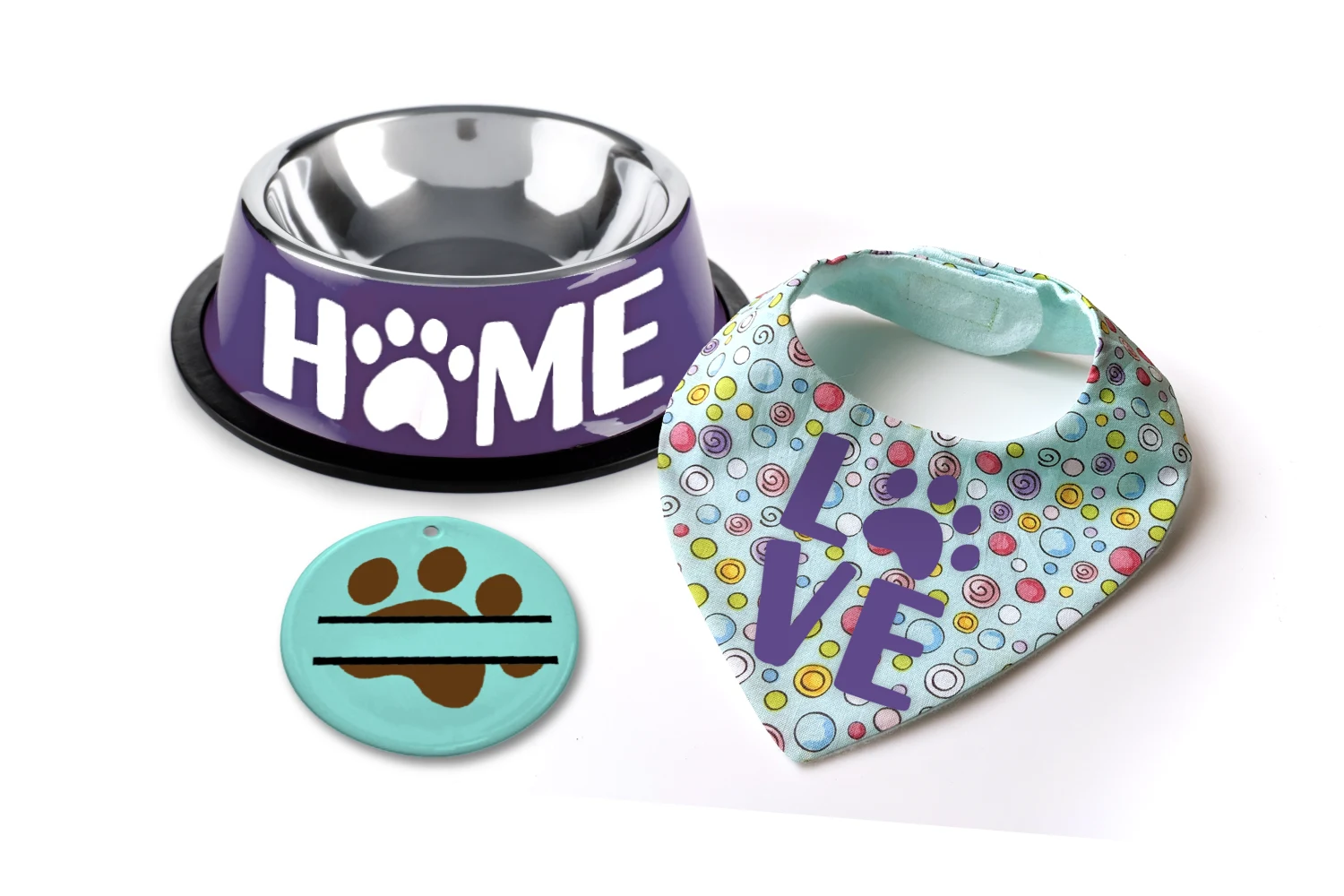 Dog Paw Print SVG Set featuring pet bowl and pet bandana