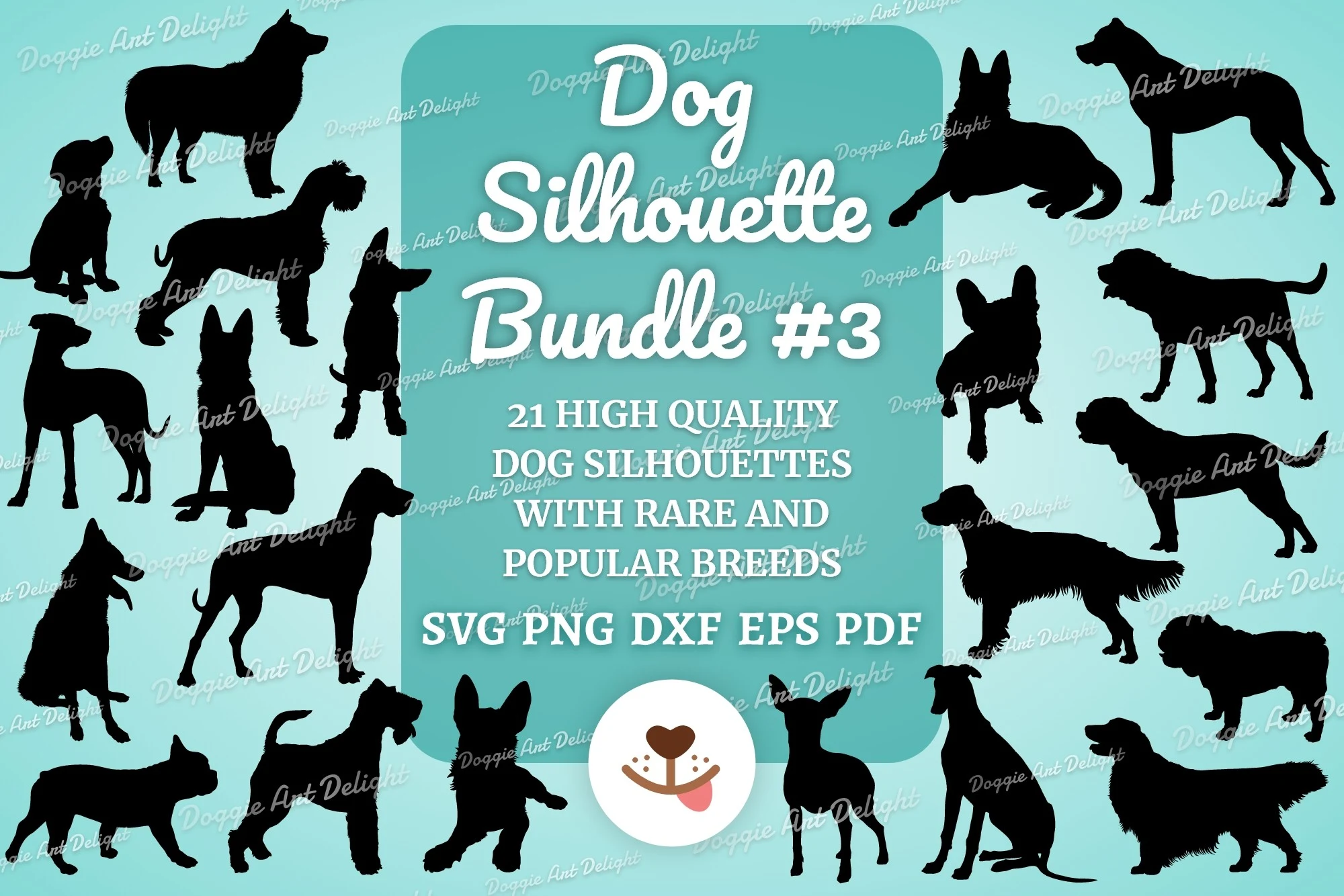 Dog Silhouette SVG Cut File Bundle #3 featuring dog silhouettes and various canine breeds
