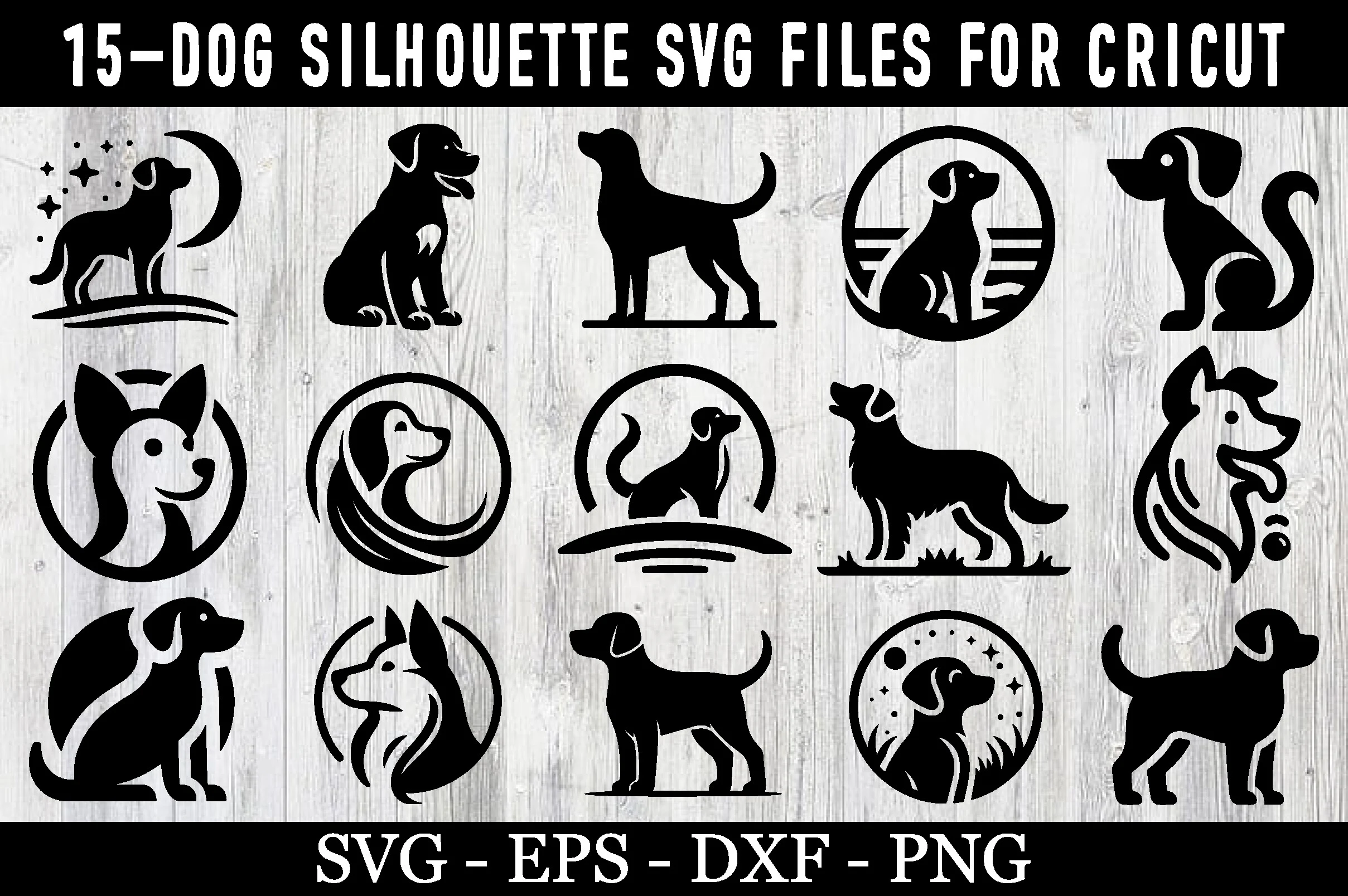 Dog Silhouette SVG Cut Files Bundle featuring dog silhouettes and solid black silhouettes