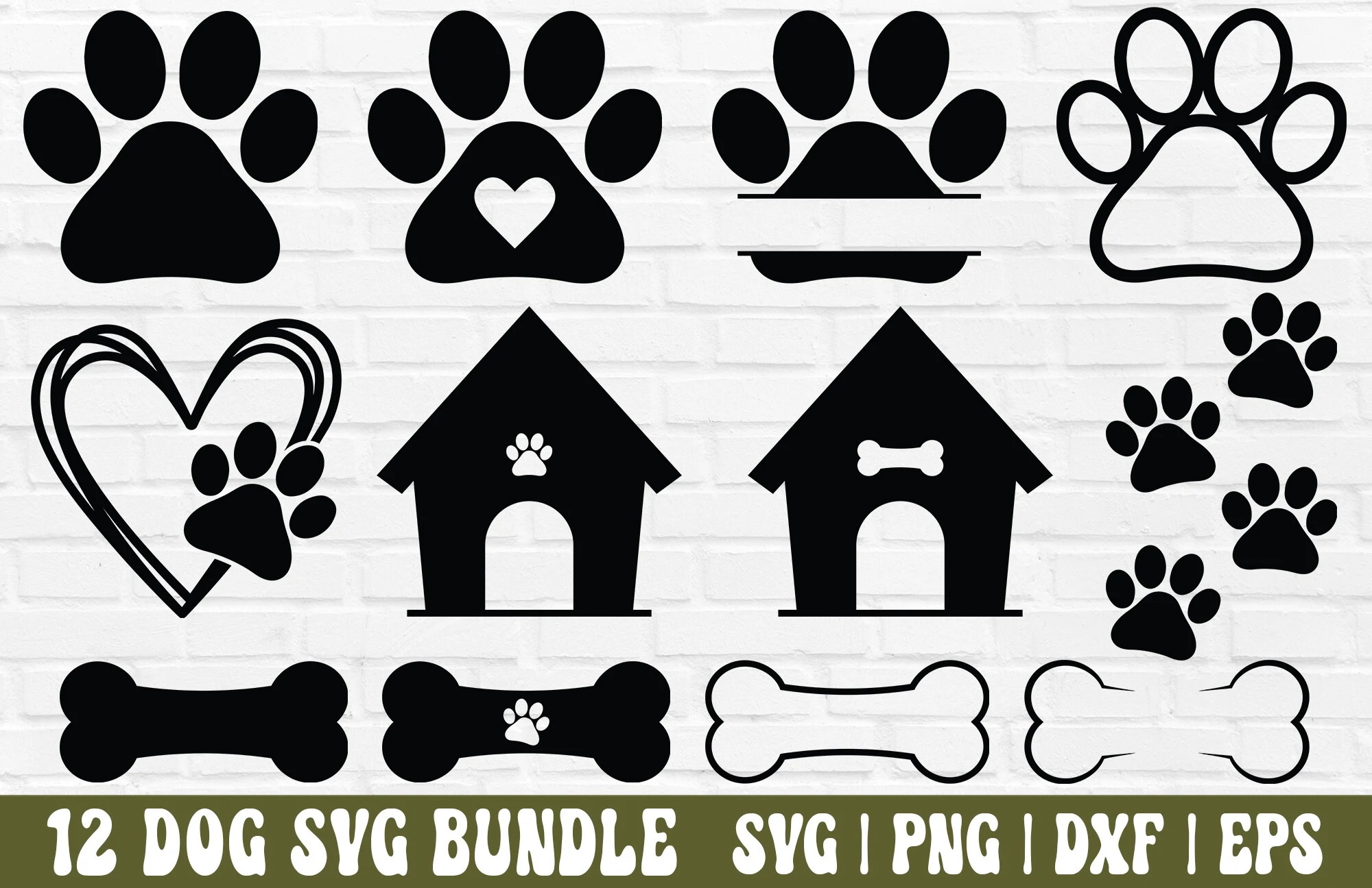 Dog SVG Dog Paw Print SVG Dog Heart SVG featuring dog paw prints and dog houses