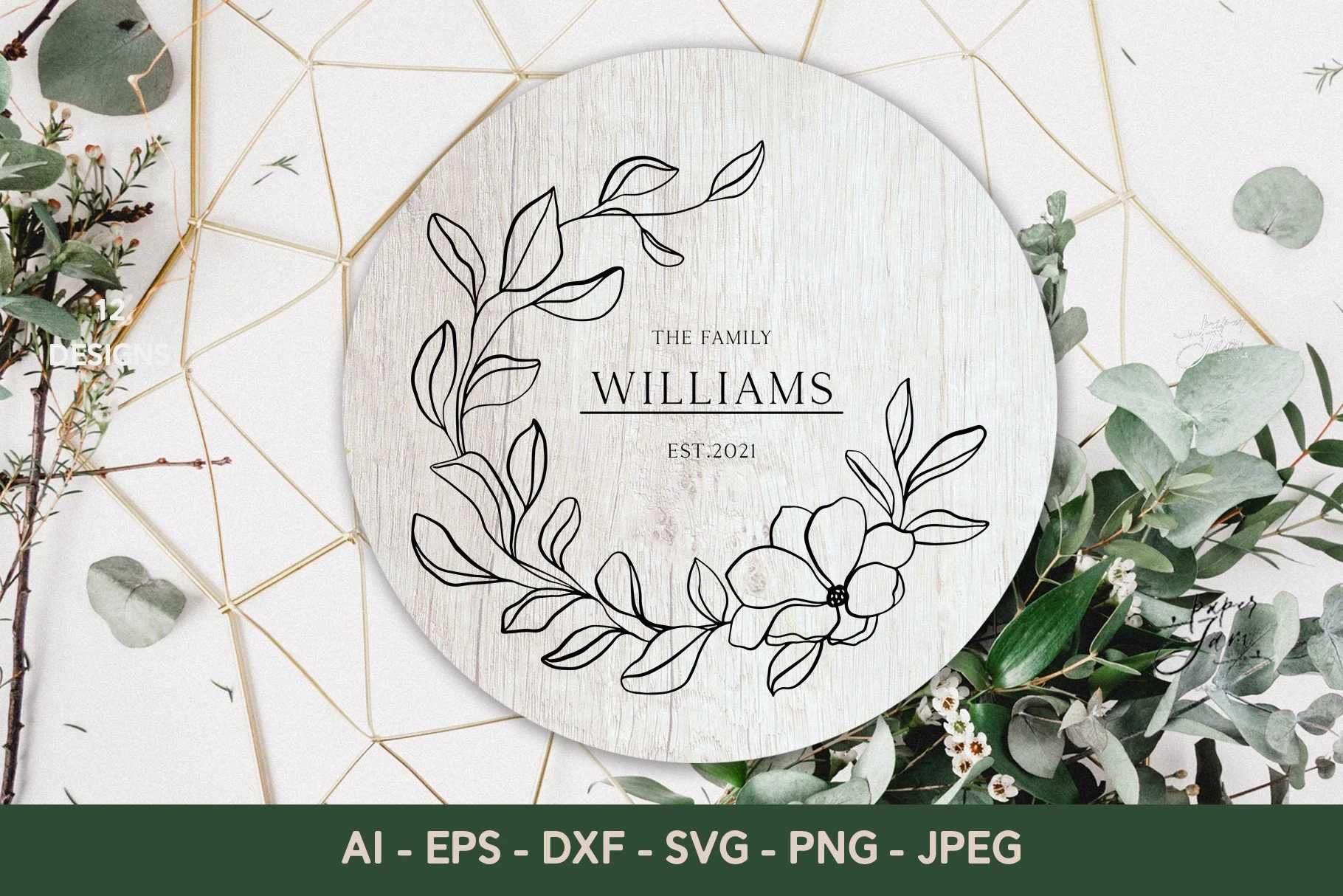 Family Monogram Svg Flower Wreath SVG featuring floral wreath and leafy branches