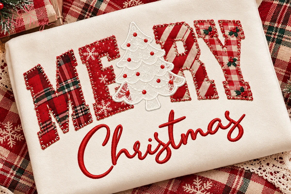 Faux Patchwork Merry Christmas PNG preview showing Christmas motifs with composition