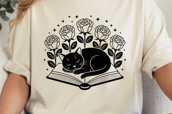 Floral Book Cat Svg,cat Reading, Floral featuring cat and open book