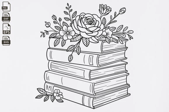 Floral Book SVG, Books with Flowers SVG featuring stack of books and roses