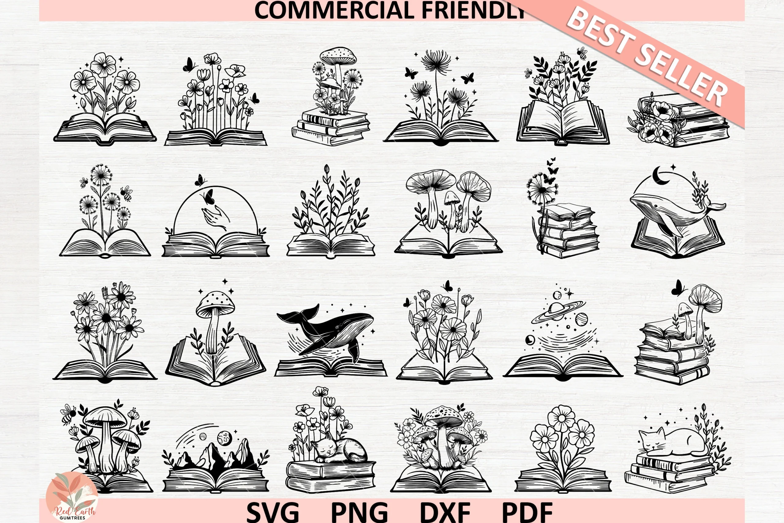 Floral Book SVG Bundle, Boho Book Svg featuring open books and wildflowers