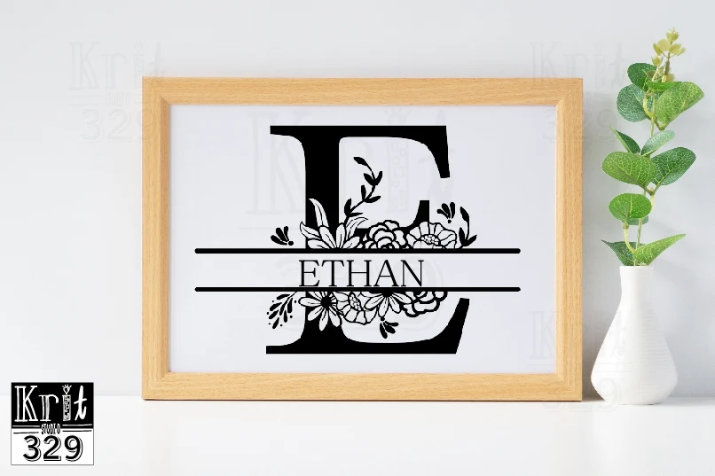 Floral Border Split Monogram SVG featuring letter E and floral arrangement