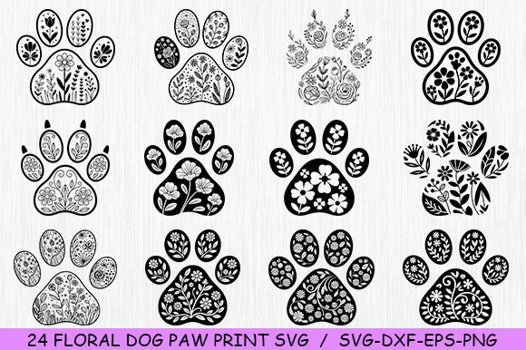 Floral Dog Paw SVG Bundle, Paw Print SVG featuring dog paw prints and flowers