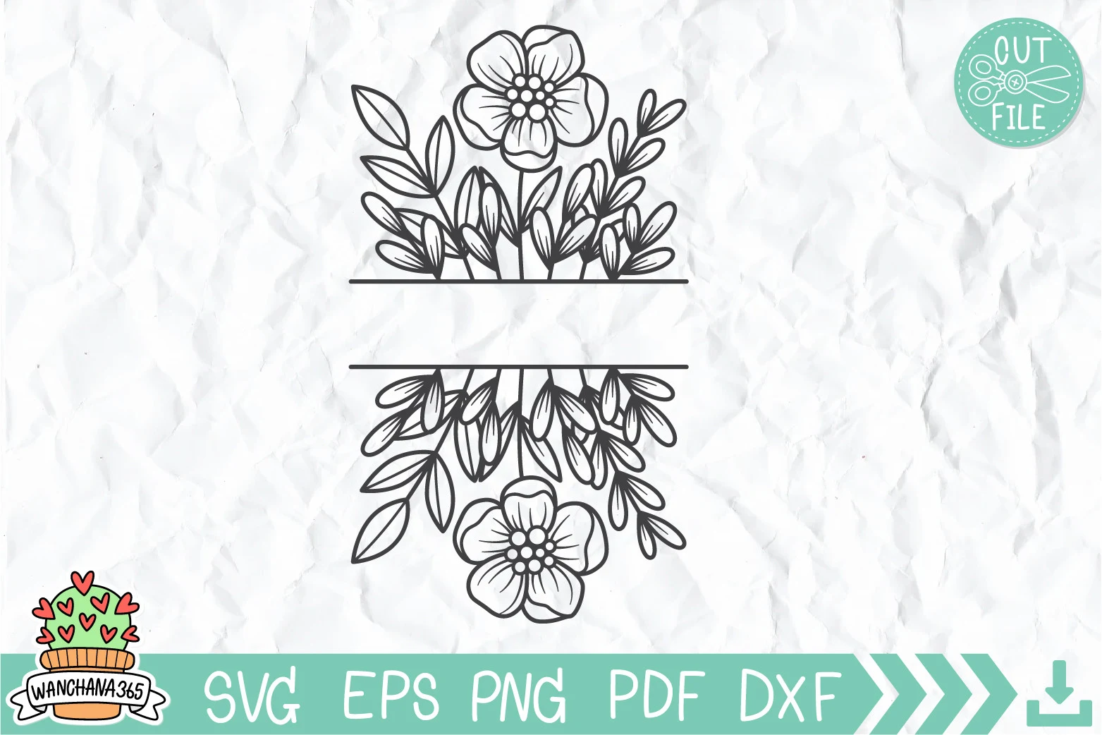 Floral Monogram Svg, Split Floral Frame preview showing botanical motifs with silhouette