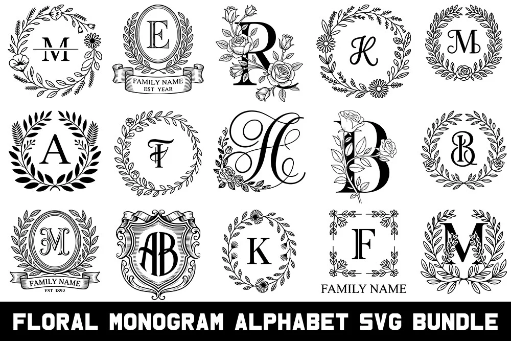 Floral Monograms SVG Bundle. featuring laurel wreaths and floral arrangements