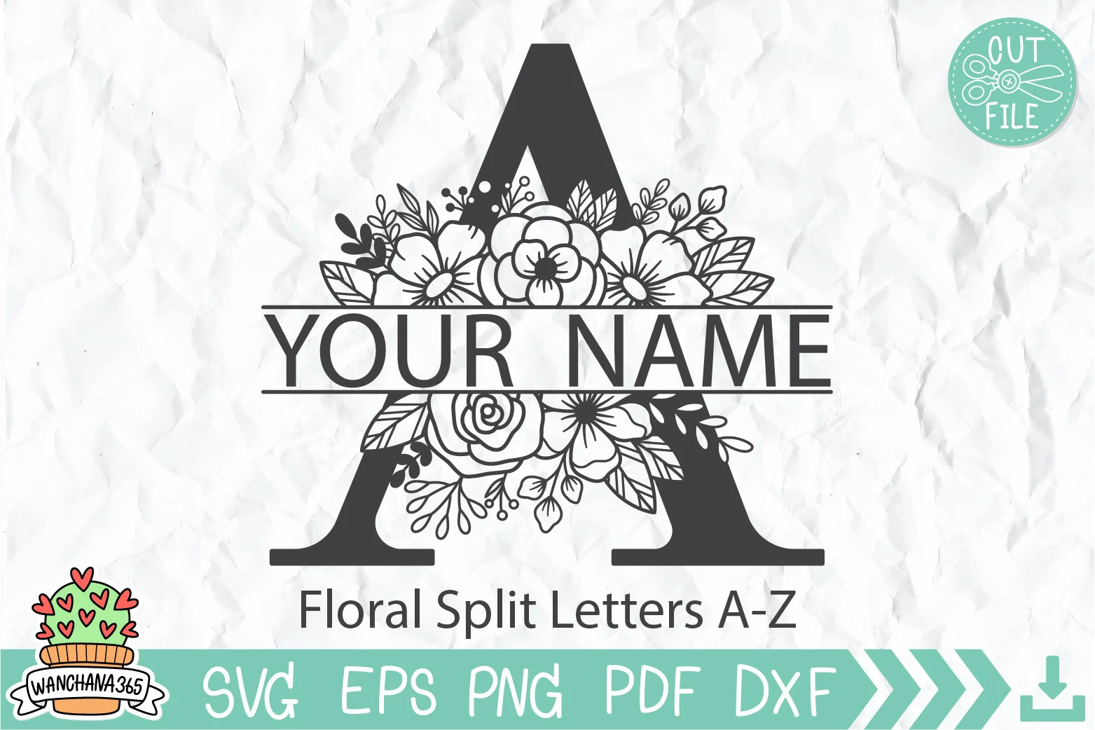Floral Split Letters A-Z graphic featuring a large black letter A split in the middle with a space for custom text and decorated with detailed line-art floral elements.
