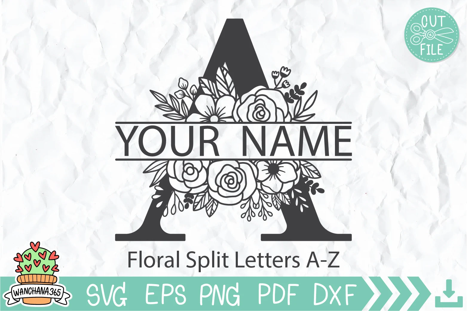 Floral Split Letters A-Z features a split monogram letter A with integrated floral arrangements at the top and bottom, designed for personalization.