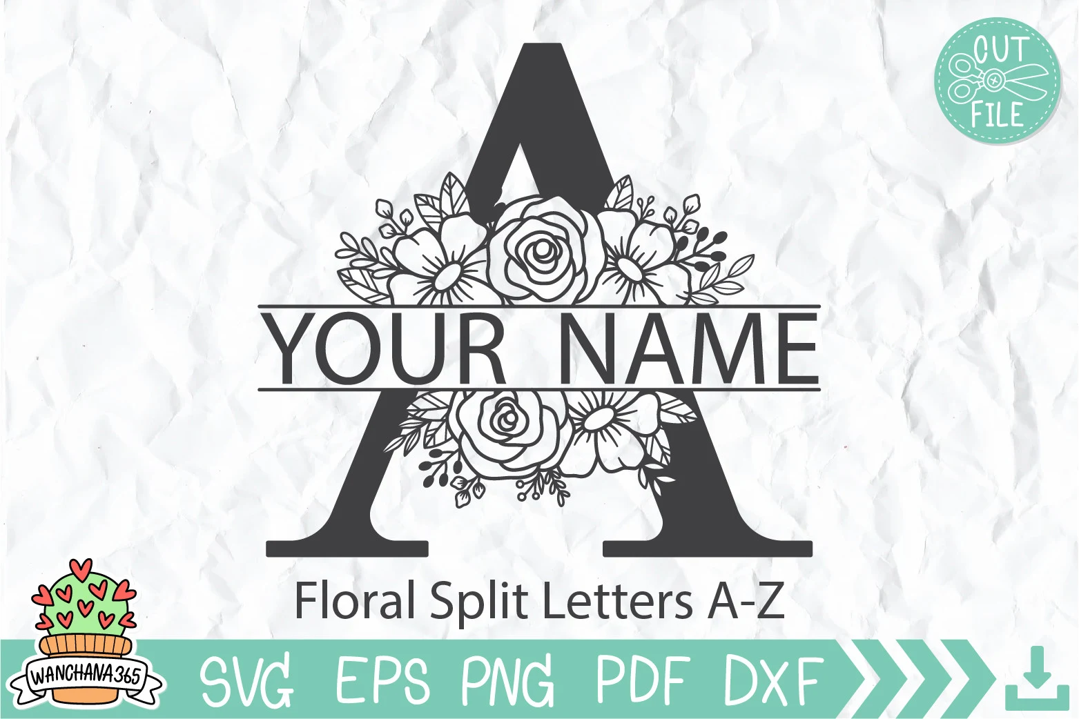 Floral Split Letters A-Z features a bold, black, split-letter A decorated with detailed rose and foliage line art illustrations centered in the letter's gaps.