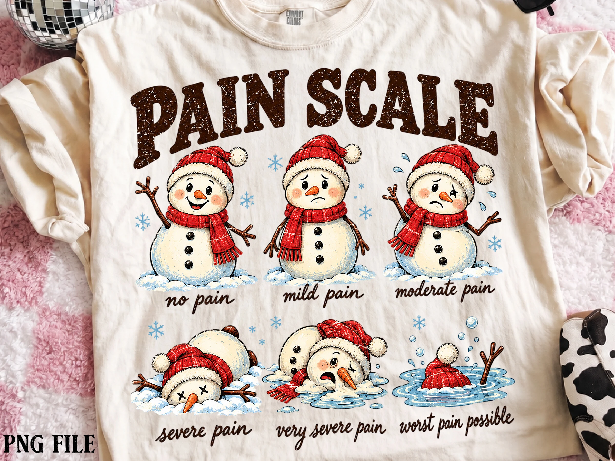 Funny Christmas Pain Scale Santa PNG preview showing Christmas motifs with composition