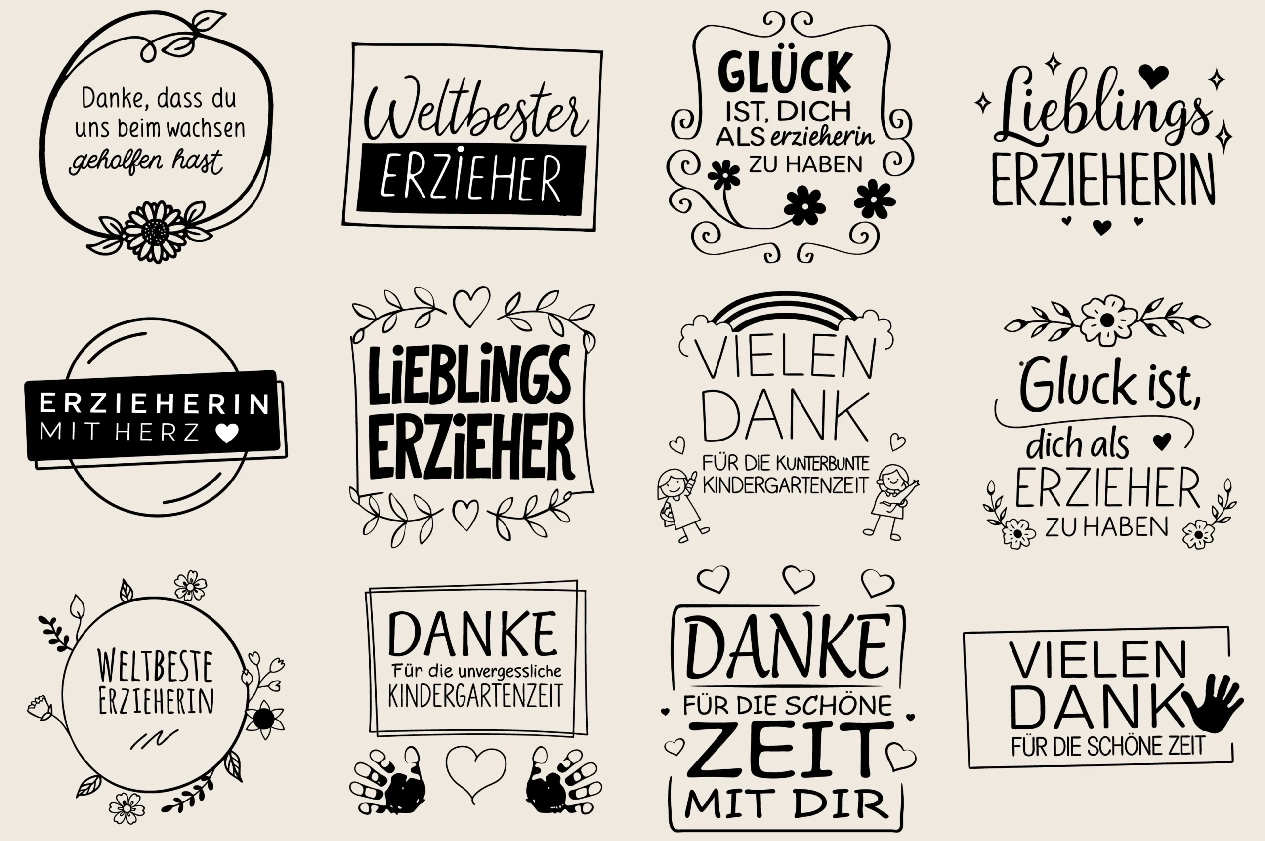German Kindergarten Teacher Plotter File featuring kindergarten teacher appreciation quotes and floral borders