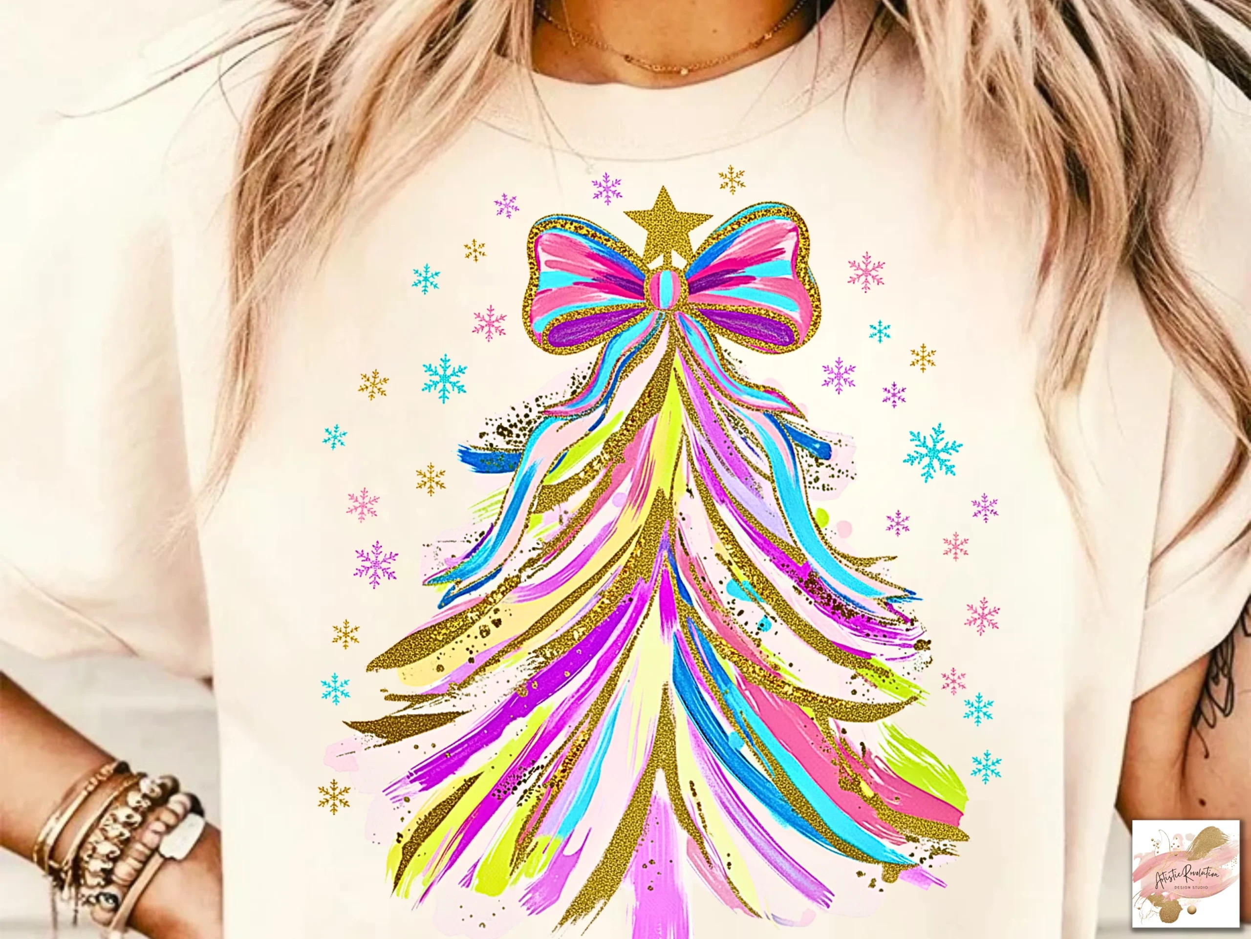 Glitter Brushstroke Christmas Tree PNG preview showing Christmas motifs with composition