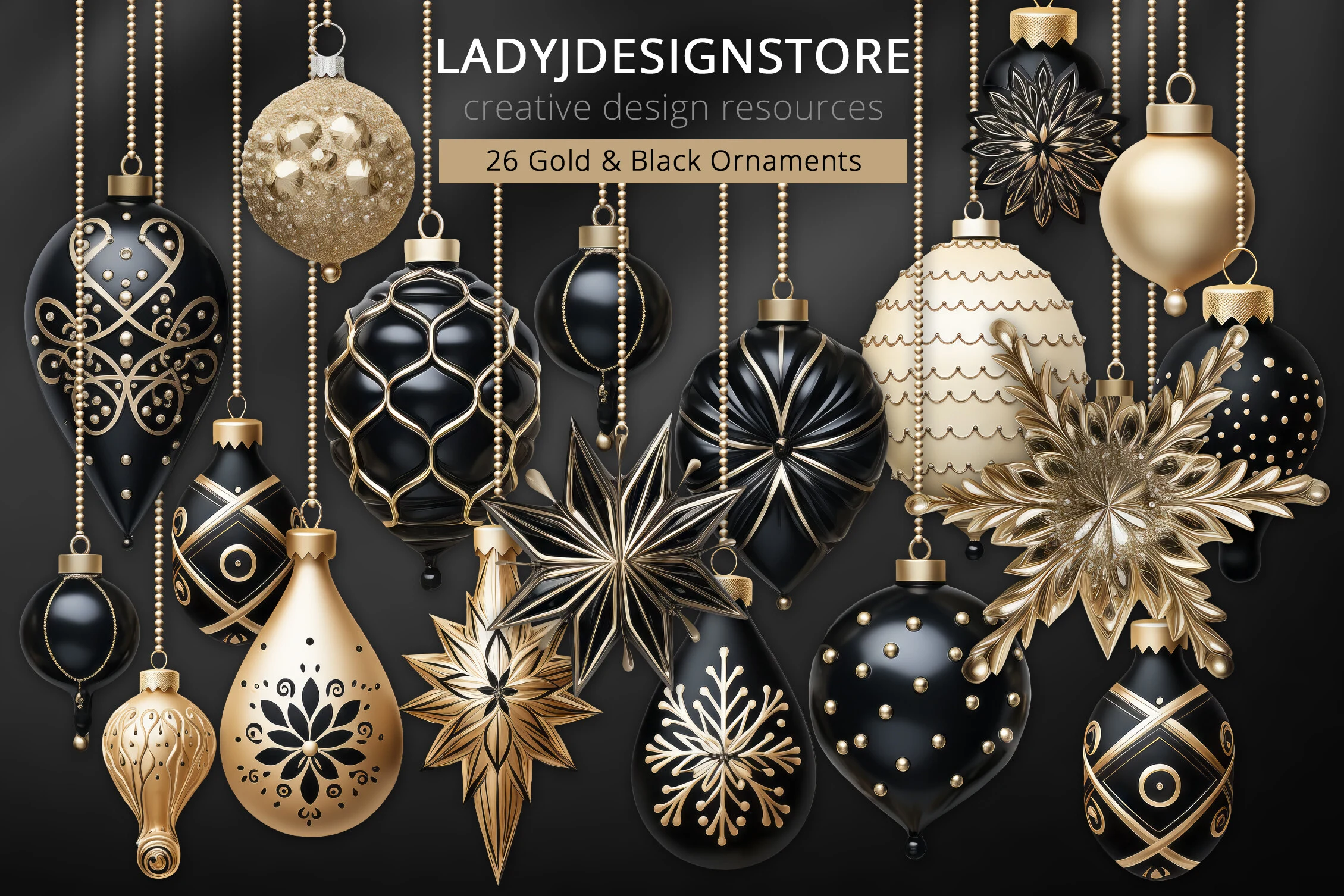 Gold and Black Christmas Ornaments PNG preview showing Christmas motifs with composition