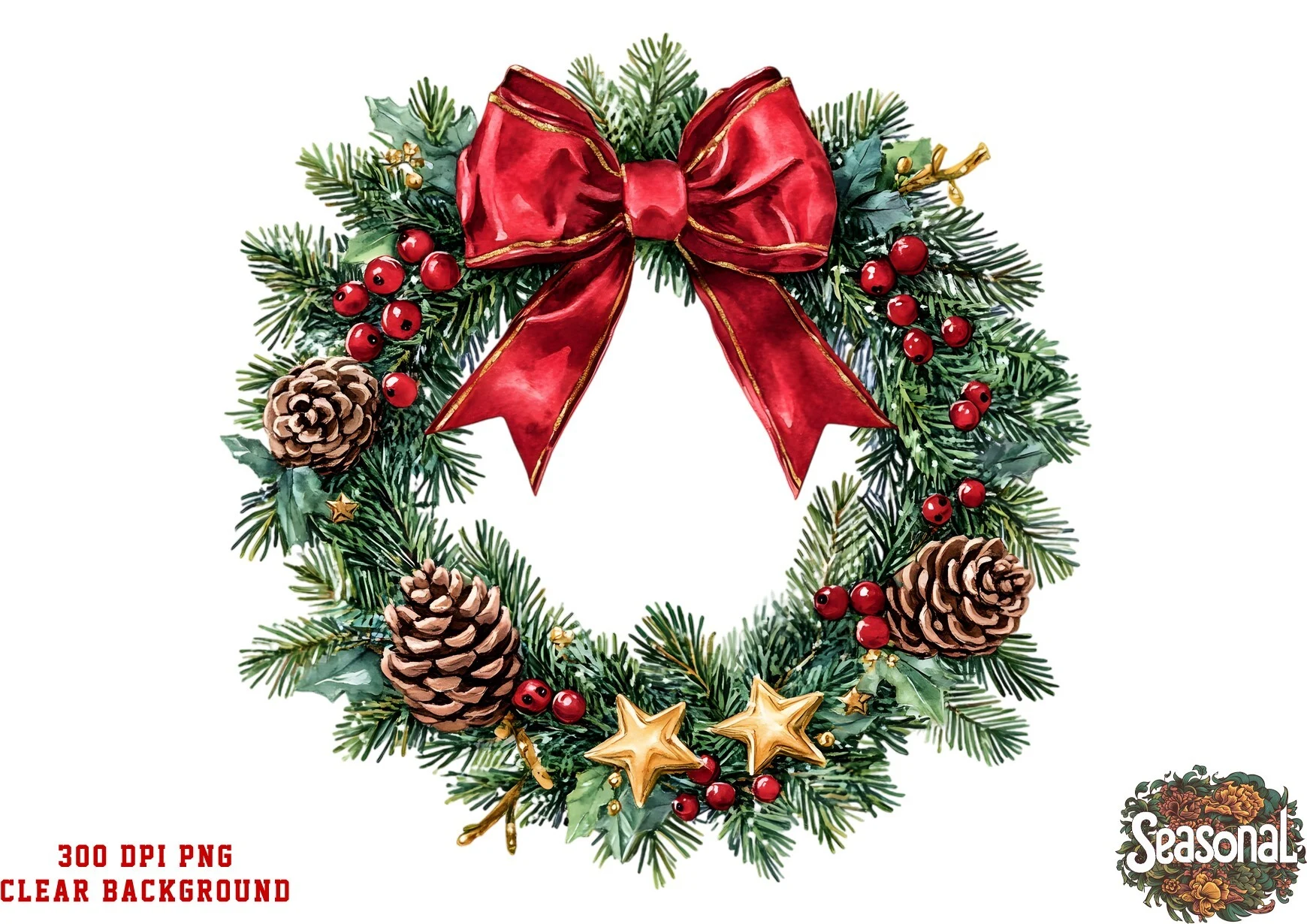 Golden Star Christmas Wreath PNG preview showing botanical motifs with composition