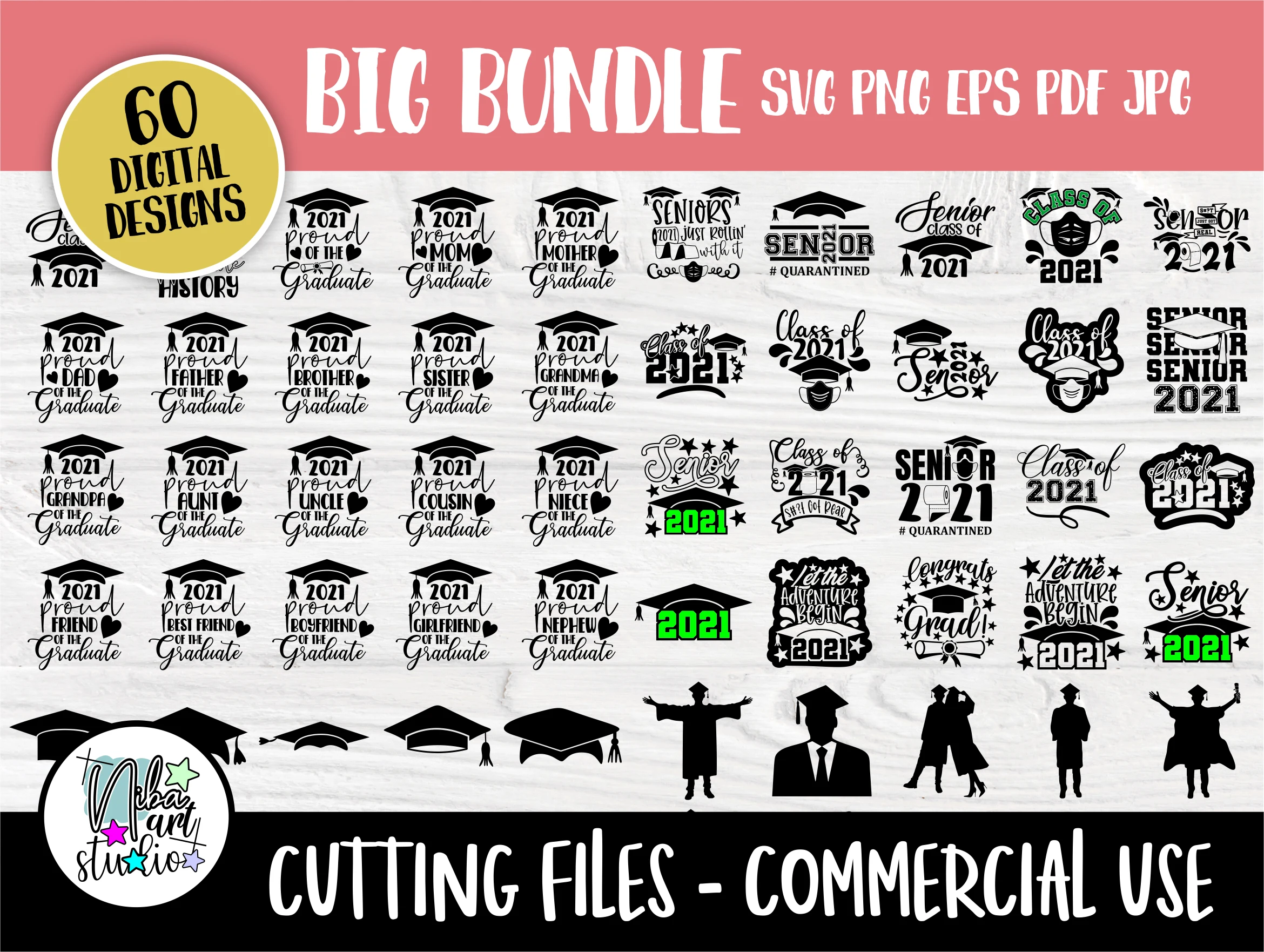 Graduation 2021 SVG Bundle, Svg Cut File featuring graduation caps and graduates in robes