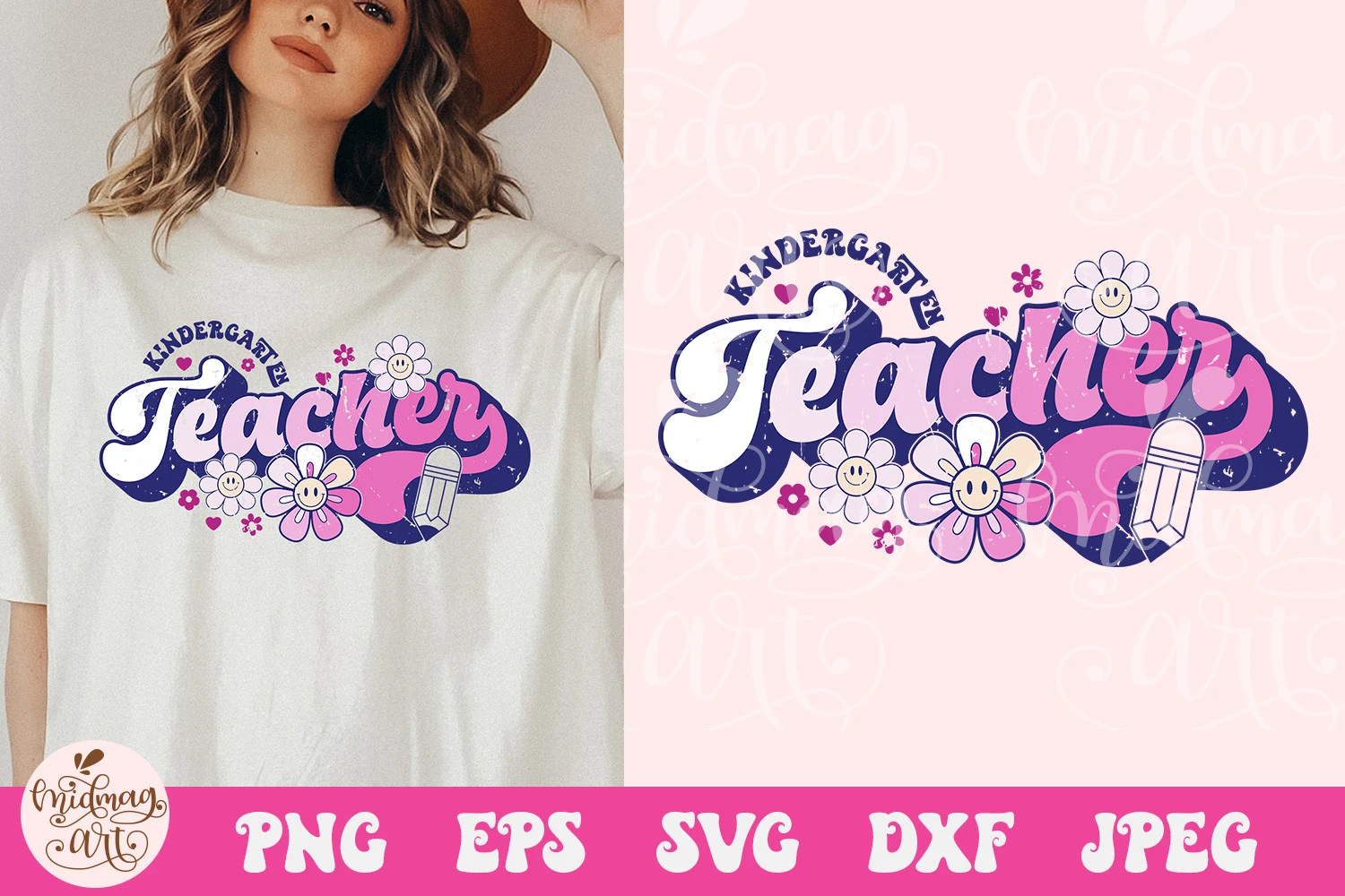 Groovy Kindergarten Teacher SVG featuring flowers and pencil