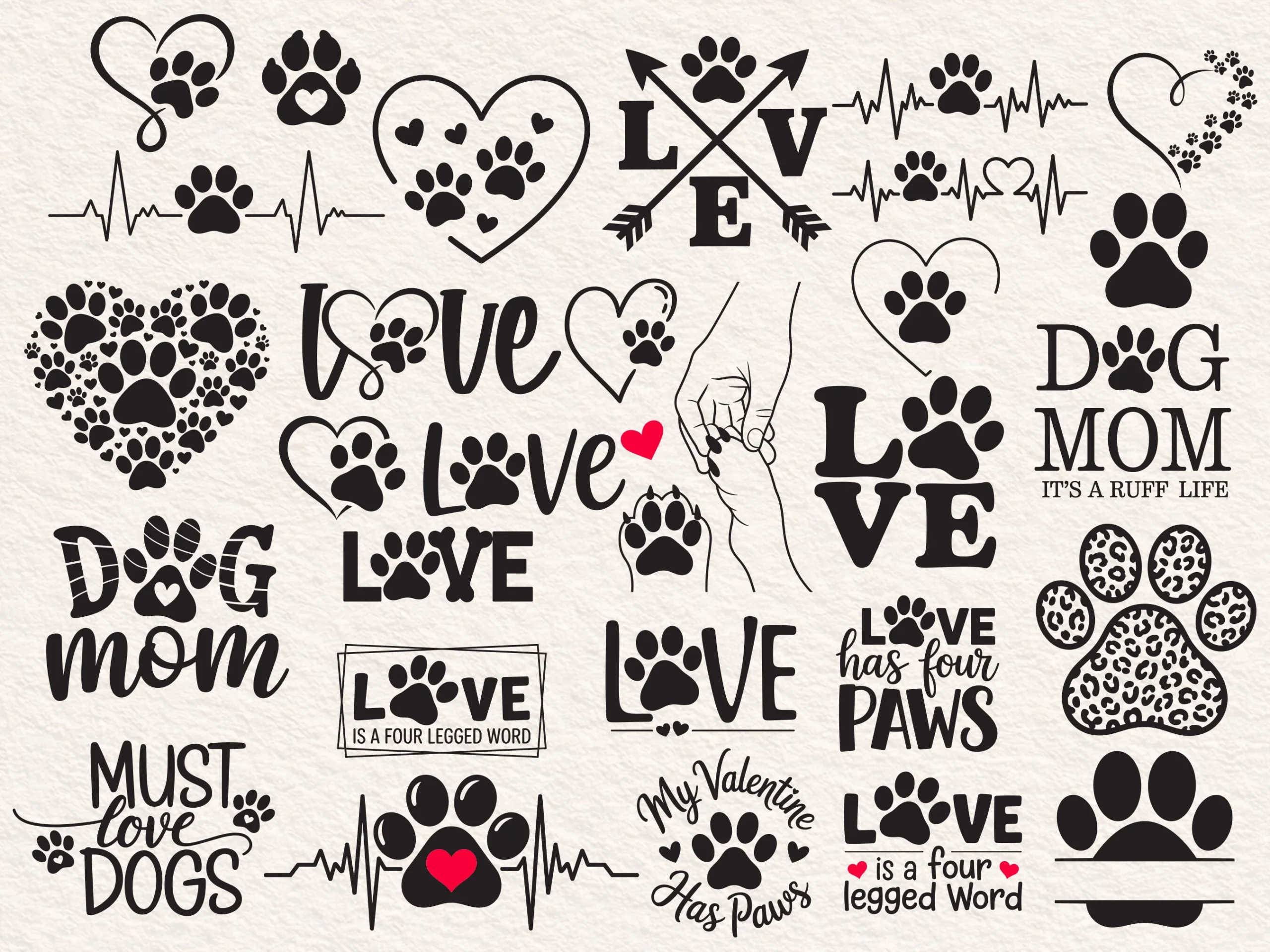 Heart Paw Svg Bundle, Paw Print Svg featuring dog paw prints and hearts