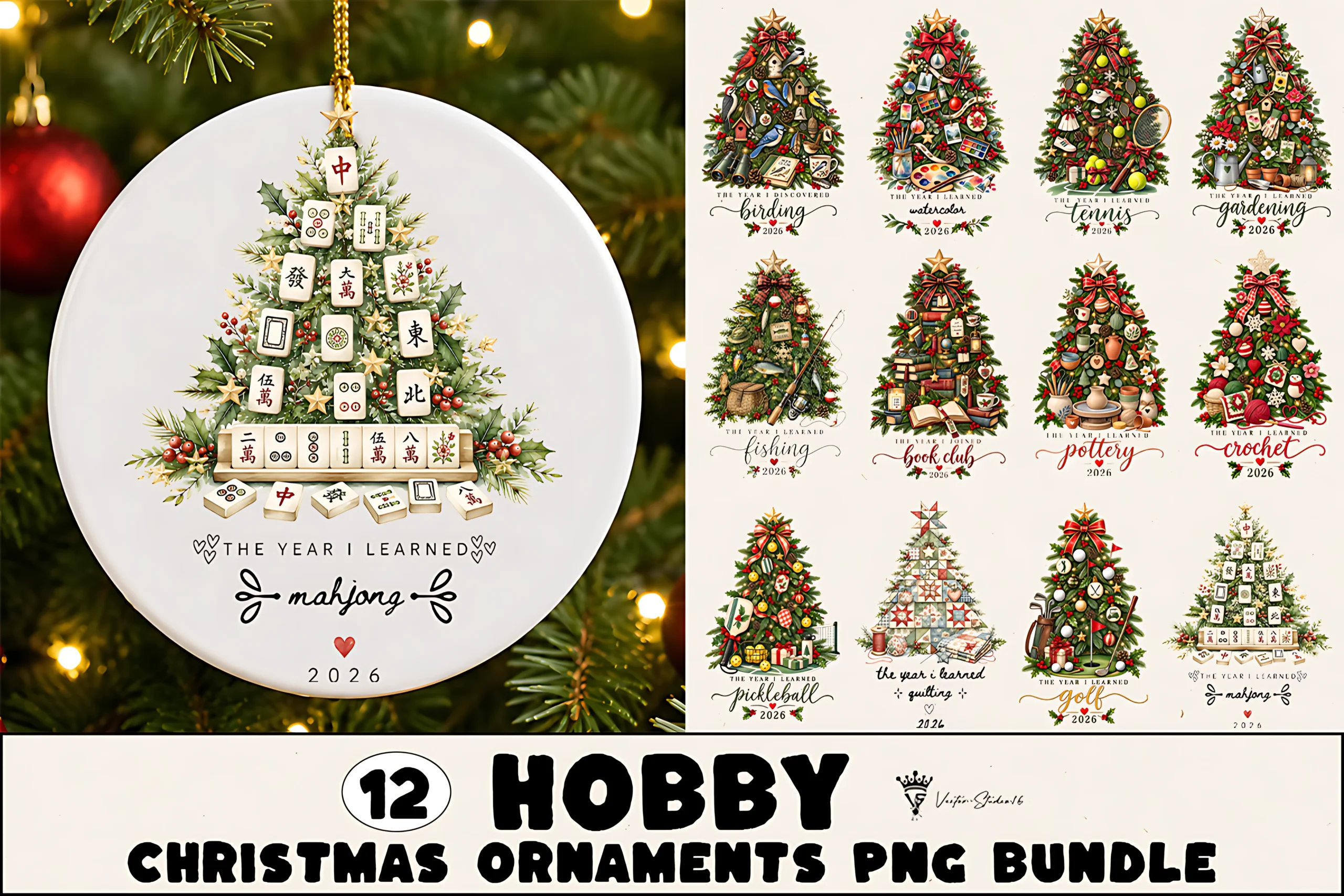 Hobby Christmas Ornaments PNG Bundle preview showing Christmas motifs with soft watercolor texture