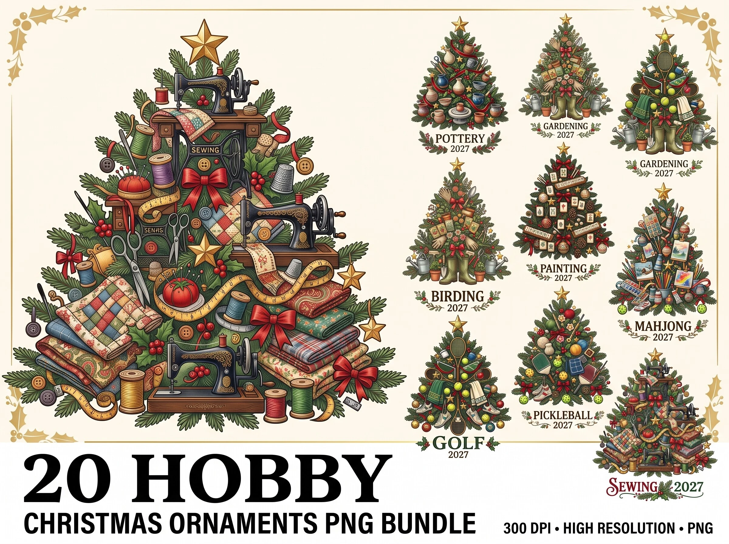 Hobby Christmas Ornaments PNG Bundle preview showing Christmas motifs with soft watercolor texture