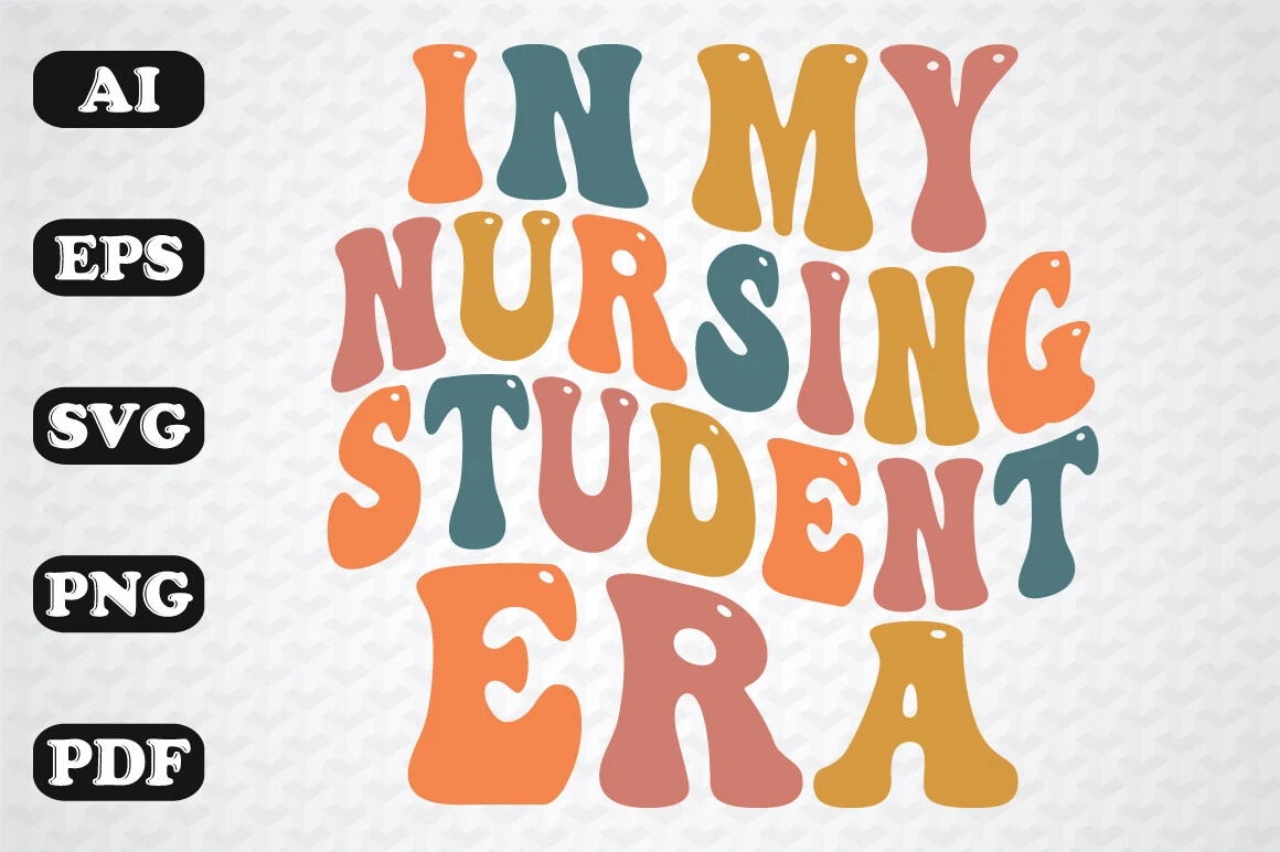 IN MY NURSING STUDENT ERA consists of a retro, wavy-style typeface arranged in three stacked lines. The letters are bold and rounded, using a rotating color scheme of orange, blue-green, yellow, and dusty pink against a geometric light grey background.