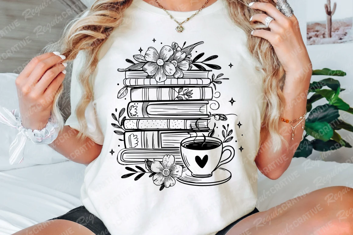 Inspired Book Lover SVG, Reading SVG featuring stack of books and coffee cup