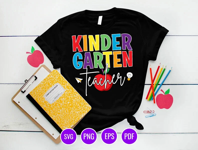 Kindergarten Teacher SVG T-Shirt Design featuring red apple and paper airplane