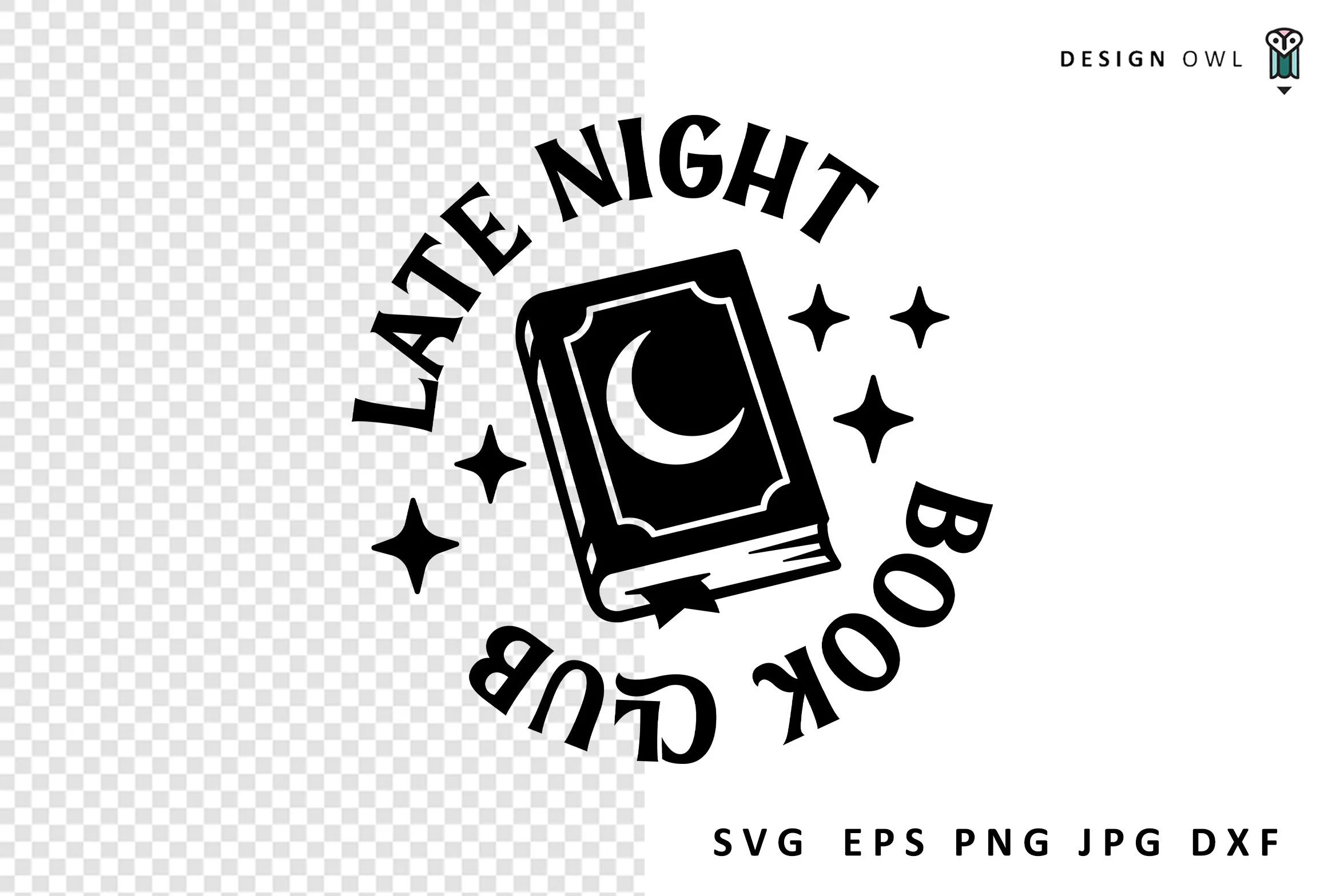 Late Night Book Club SVG featuring book and crescent moon