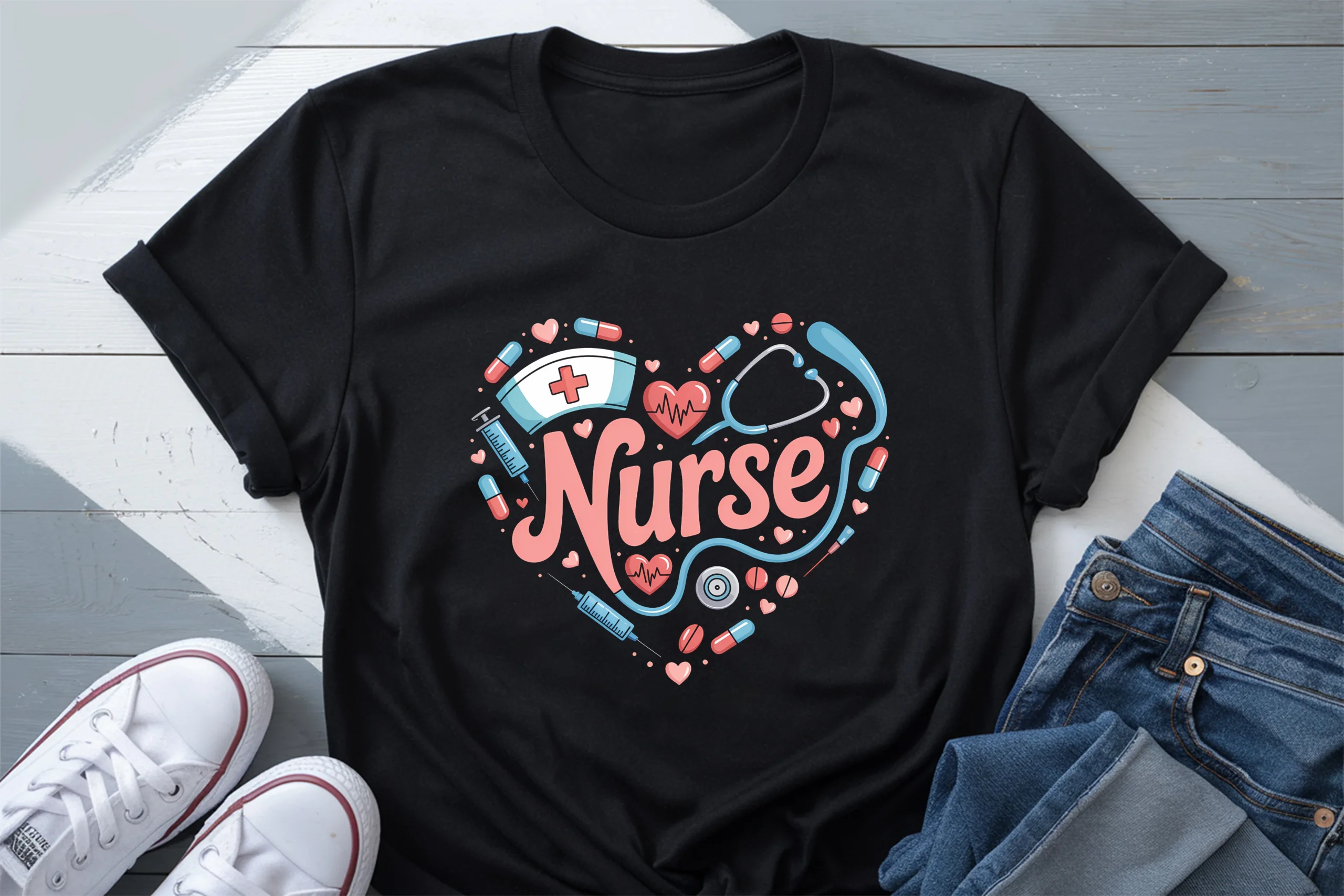 Love Cute Nurse Shirt PNG featuring nurse cap and stethoscope