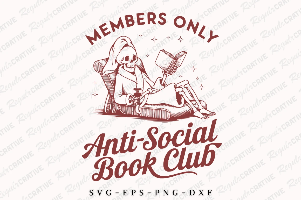 Members Only Anti Social Book Club SVG featuring skeleton and armchair