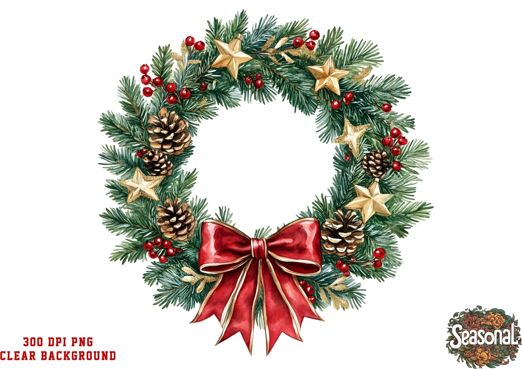 Merry Bow Christmas Wreath PNG preview showing botanical motifs with composition
