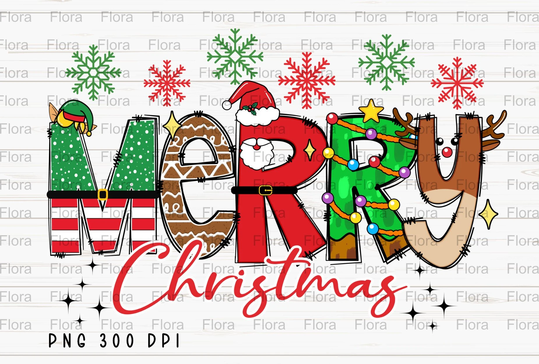 Merry Christmas Doodle Snowflake PNG preview showing Christmas motifs with composition
