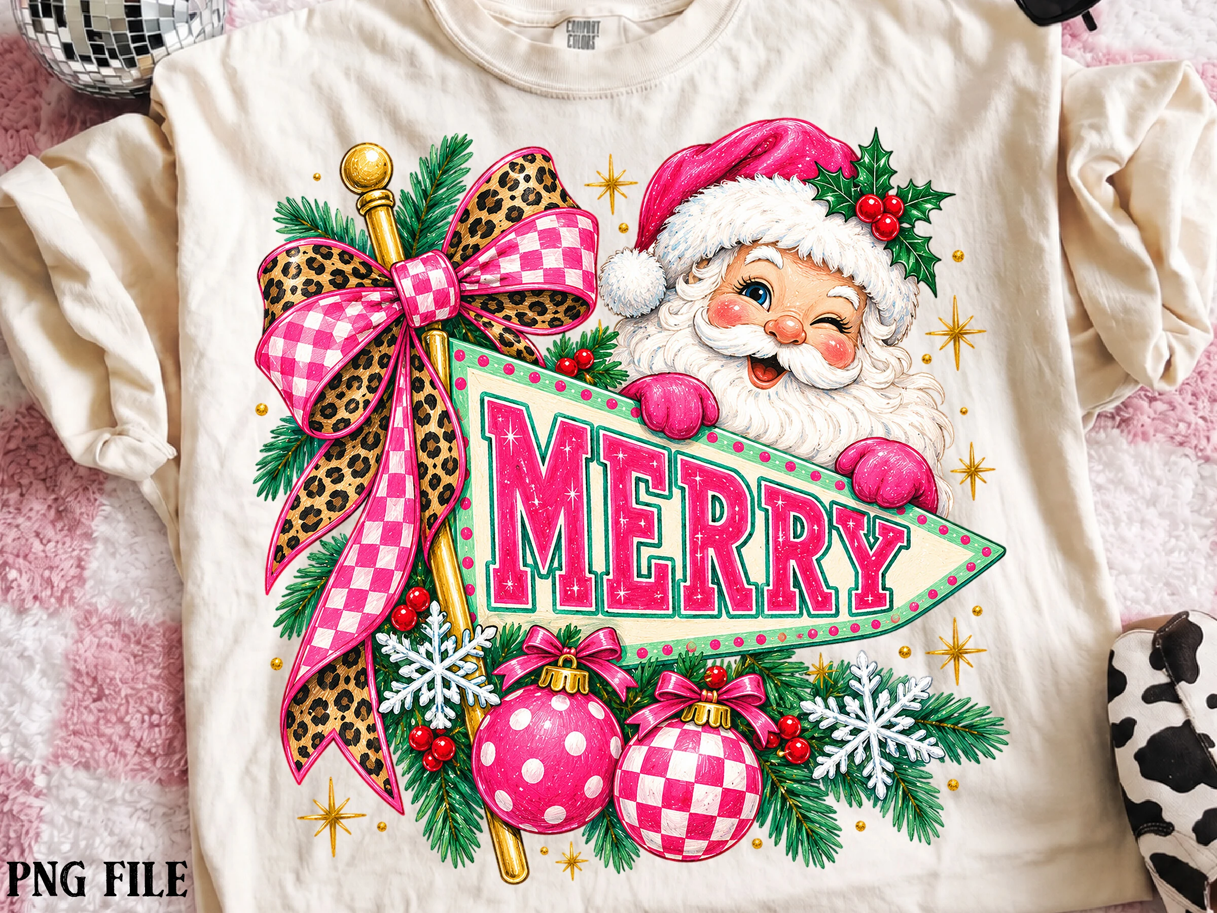 Merry Christmas Pink Santa PNG preview showing Christmas motifs with composition