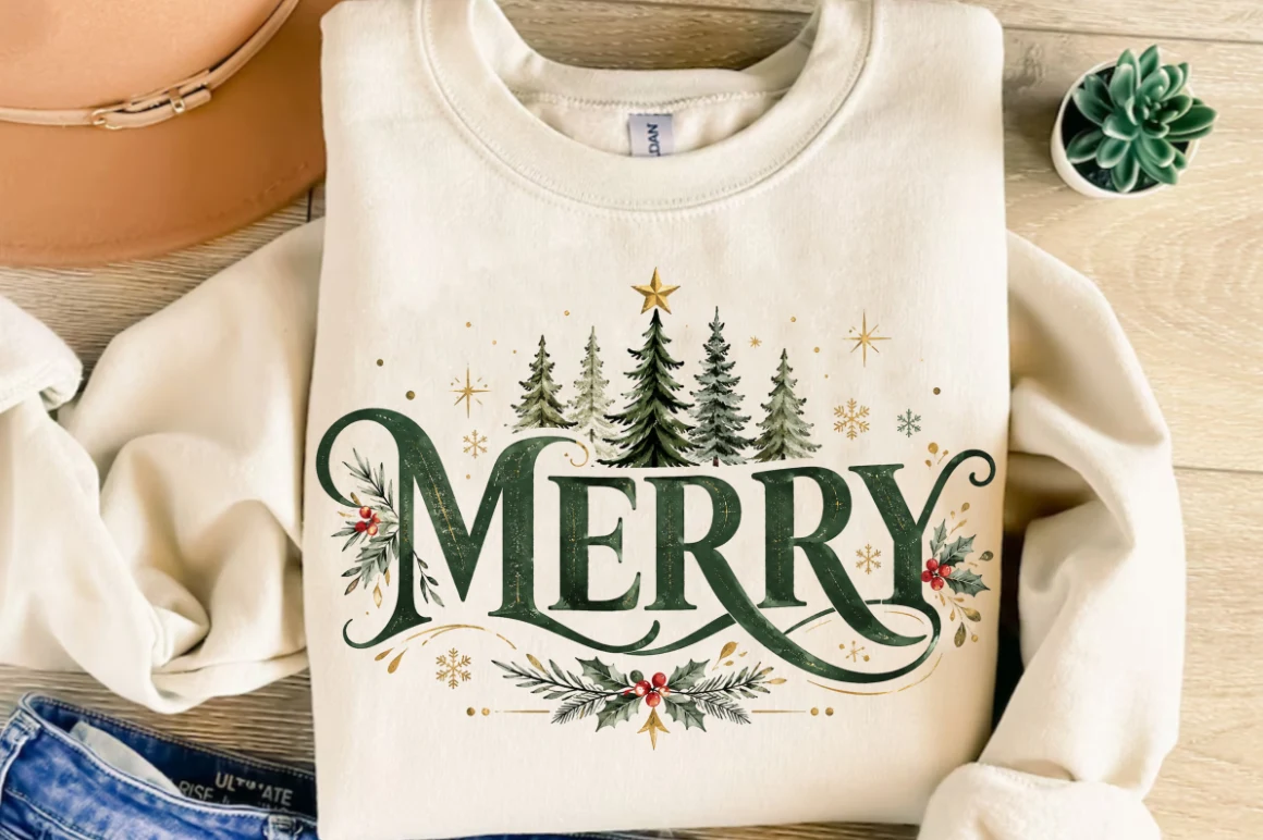 Merry PNG, Preppy Merry Christmas PNG preview showing Christmas motifs with composition