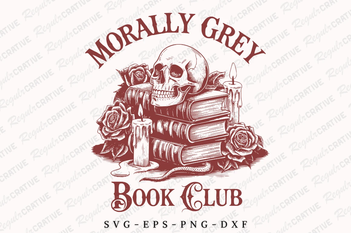 Morally Grey Book Club SVG, Svg Bookish featuring skull and stack of books