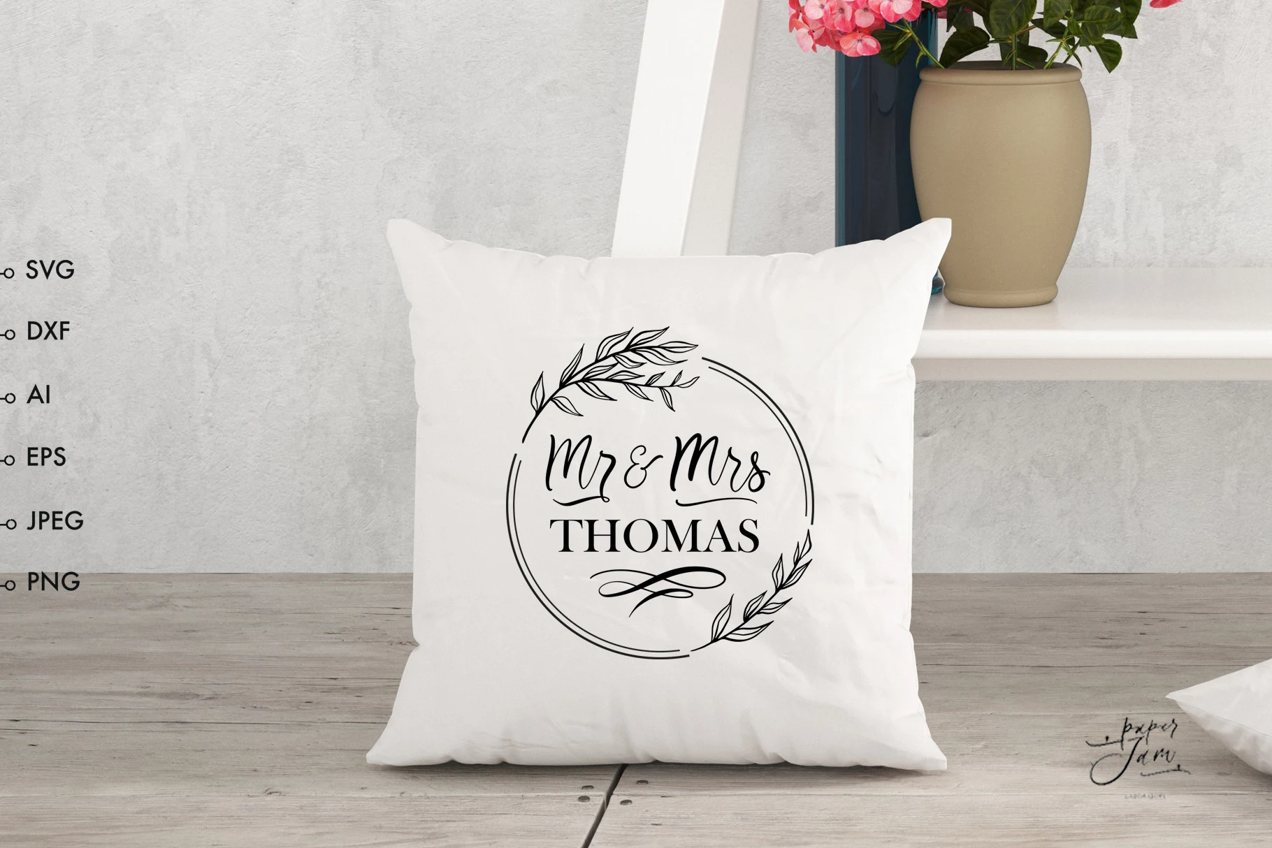 Mr and Mrs SVG, Wedding Monogram Svg featuring wreath and botanical stems