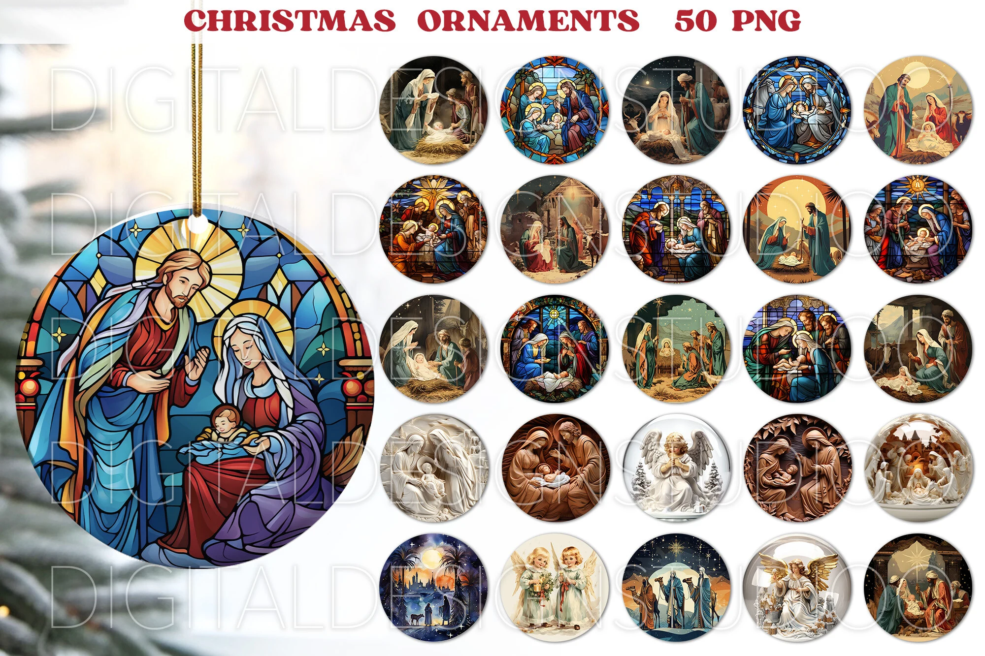 Nativity Scene Christmas Ornaments Png preview showing Christmas motifs with composition