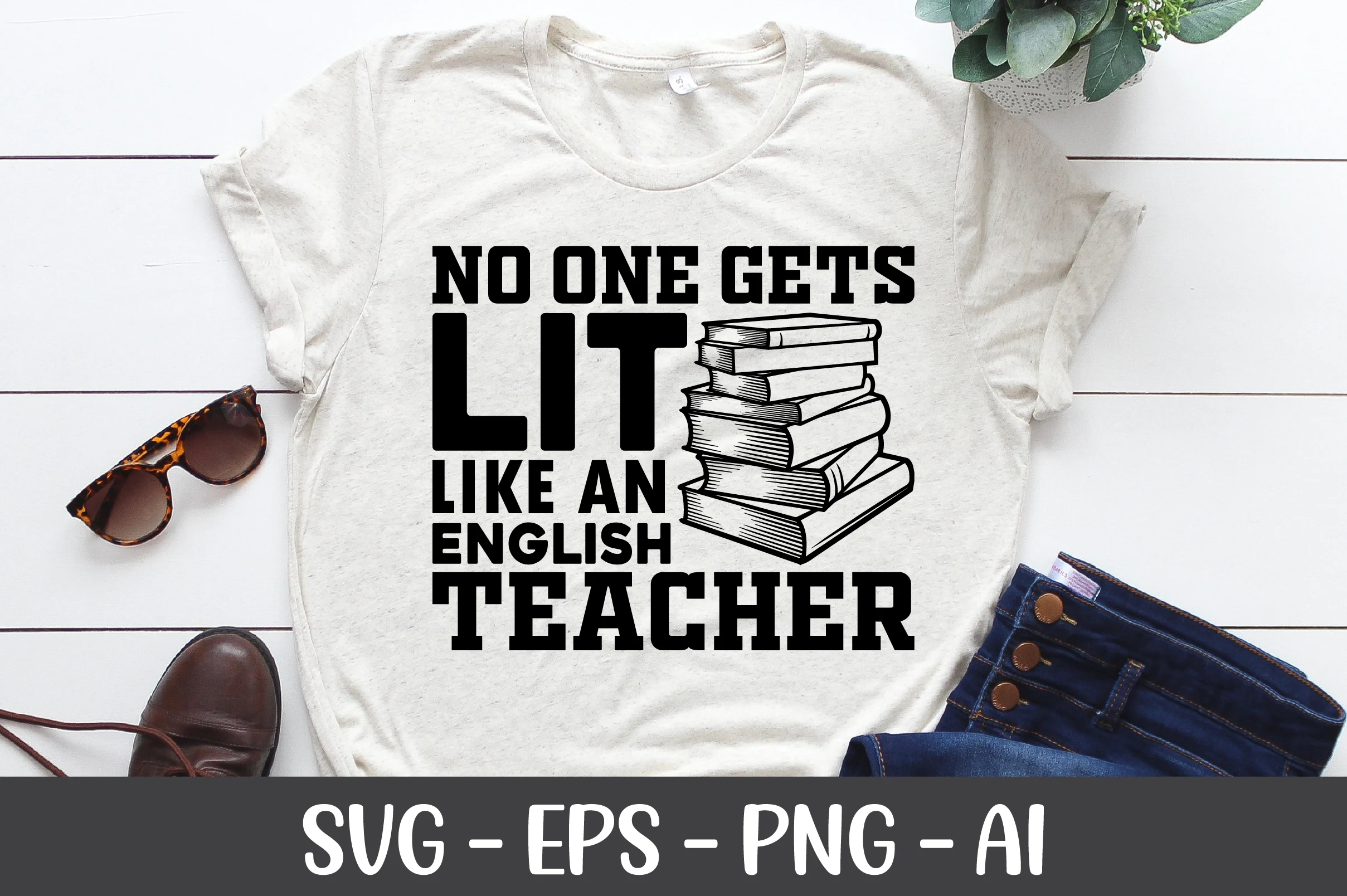 {{ $json.font_name }} features a black line-art illustration of a stack of five books accompanied by the text 'NO ONE GETS LIT LIKE AN ENGLISH TEACHER' in a bold, sans-serif font.