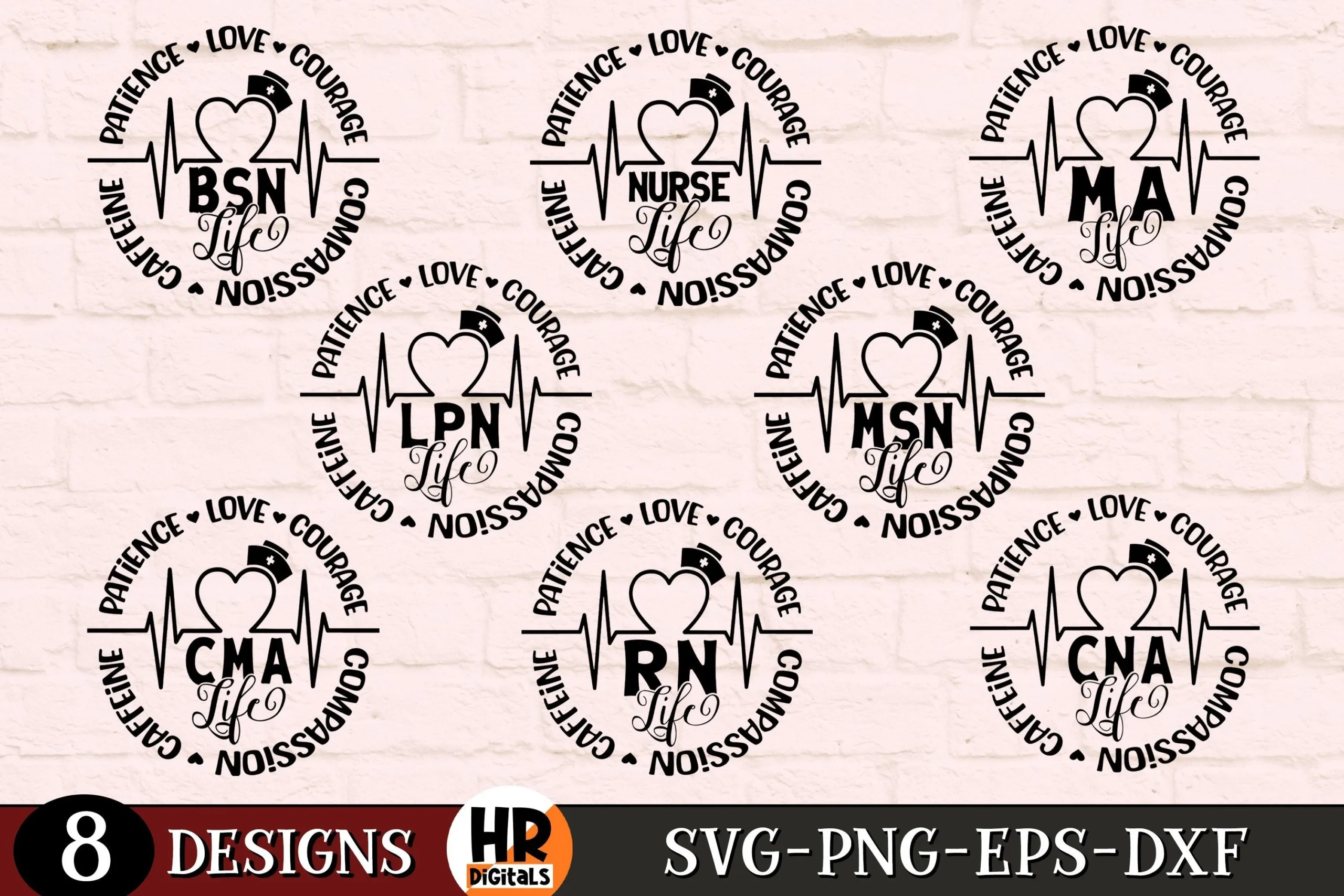 Nurse Life SVG, Funny Nursing Bundle featuring nurse caps and heart shapes