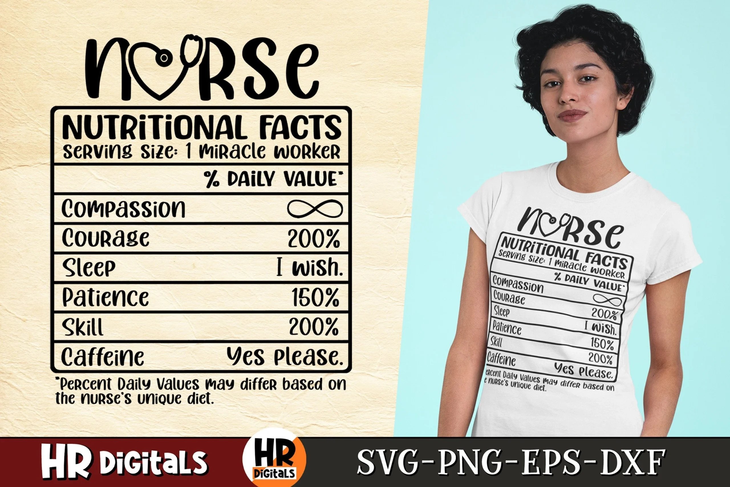 Nurse Nutritional Facts, Funny Nurse SVG featuring stethoscope and heart