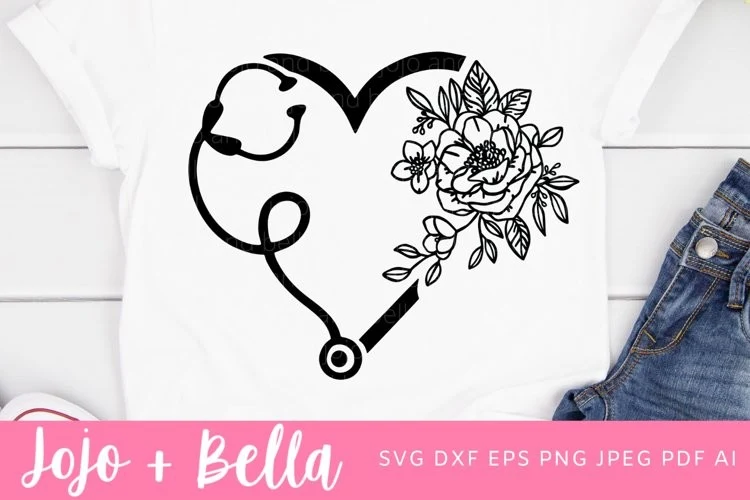 Nurse SVG, Floral Stethoscope SVG featuring heart and stethoscope
