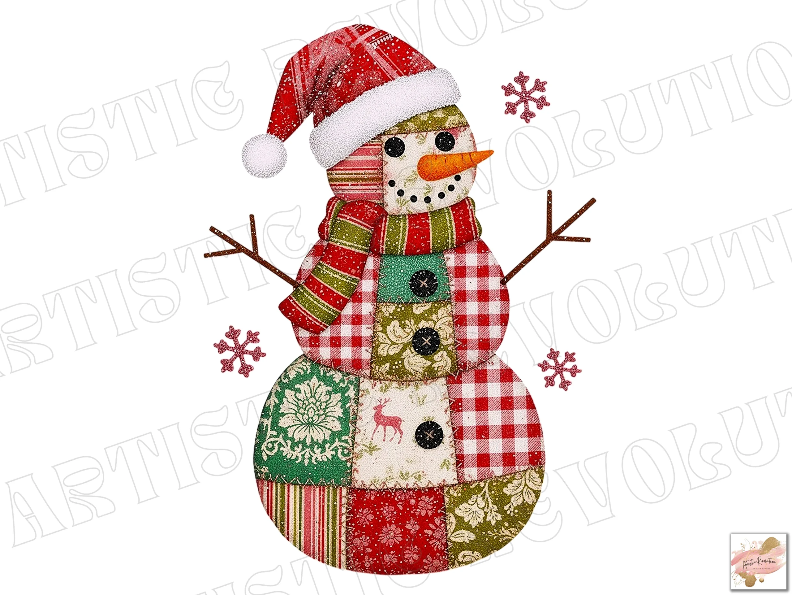 Patchwork Christmas Snowman PNG preview showing Christmas motifs with composition