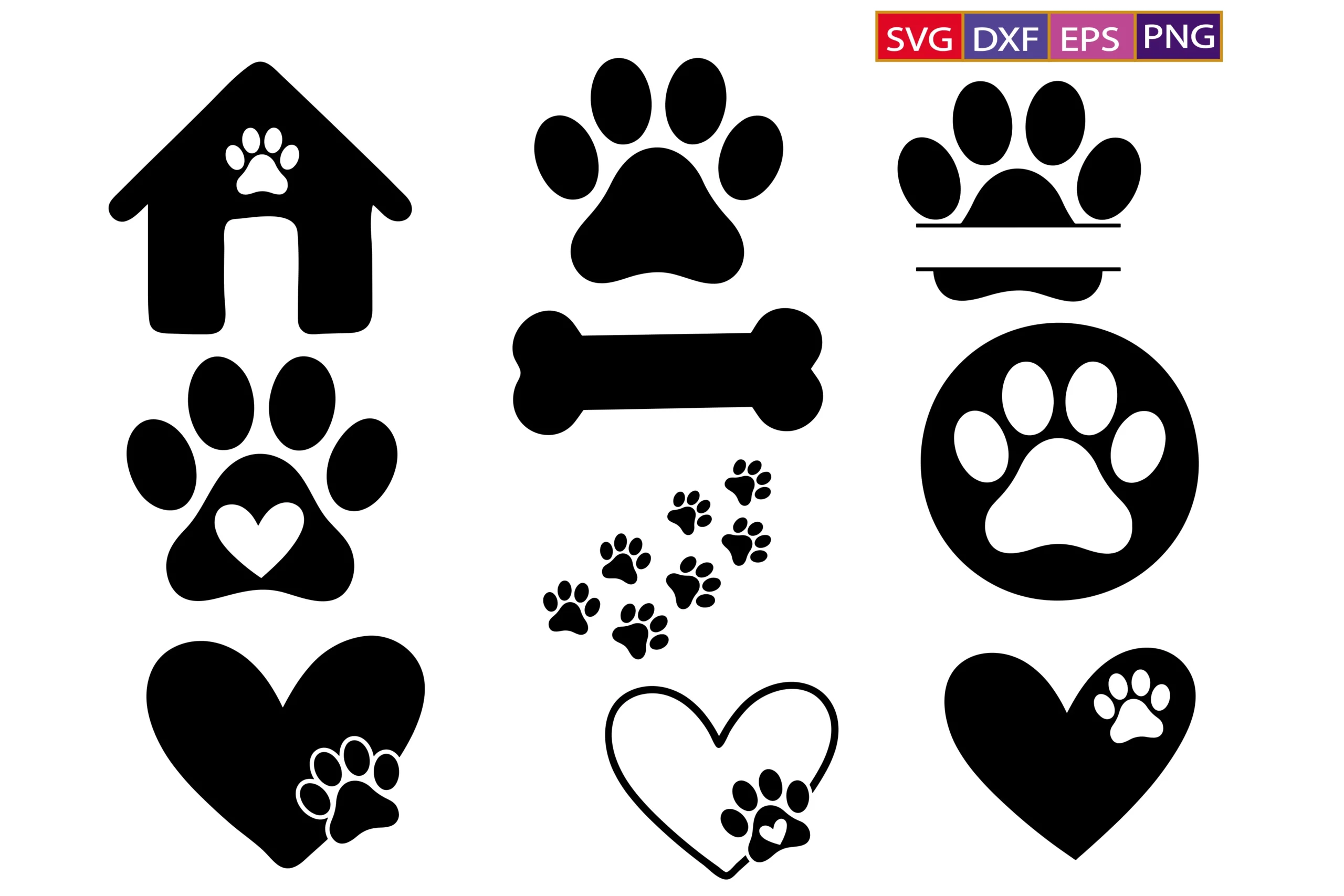 Paw Print Svg, Dog Paw Print Svg Bundle featuring dog paw prints and dog bone